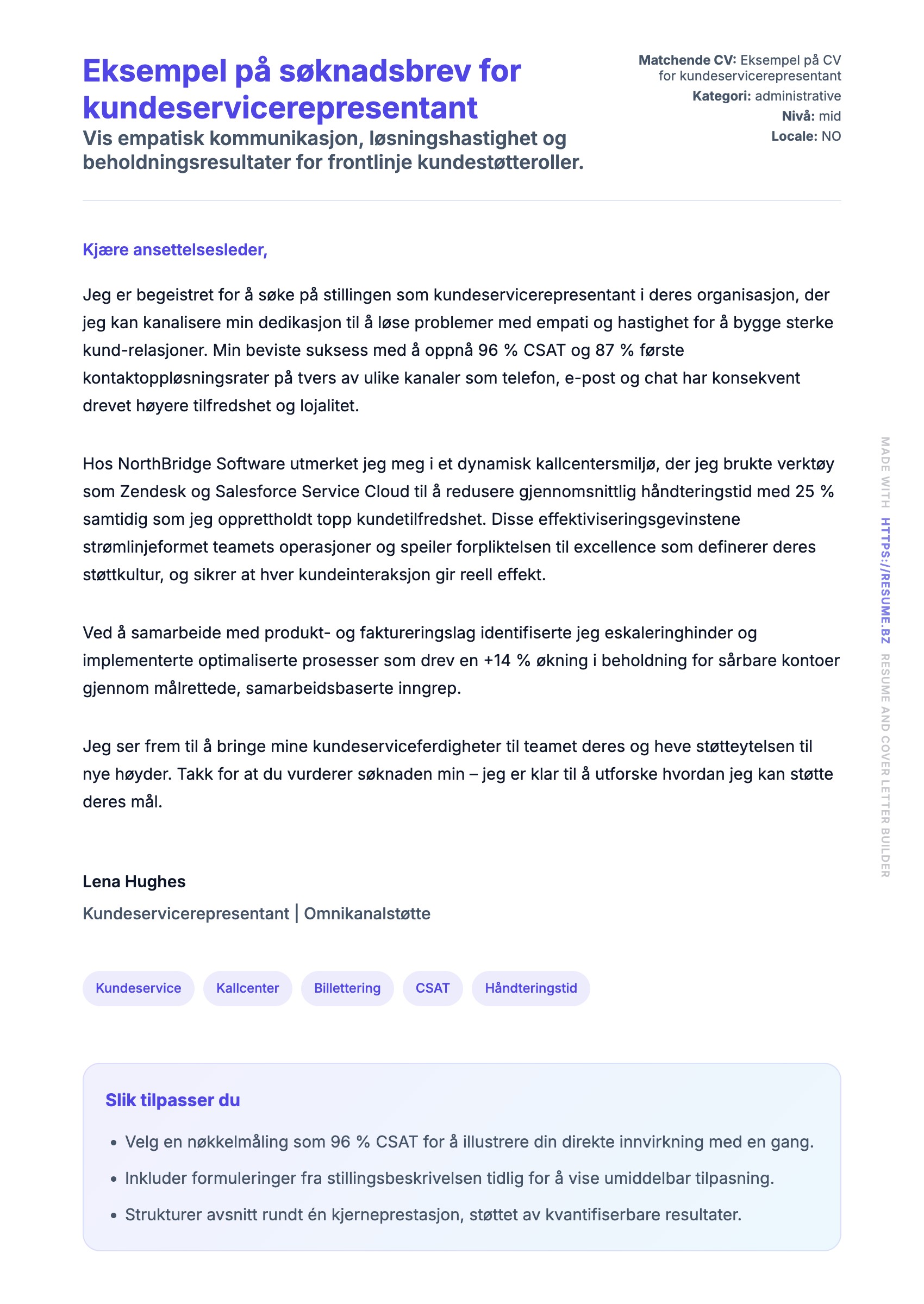Forhåndsvisning av søknadsbrev for Eksempel på søknadsbrev for kundeservicerepresentant