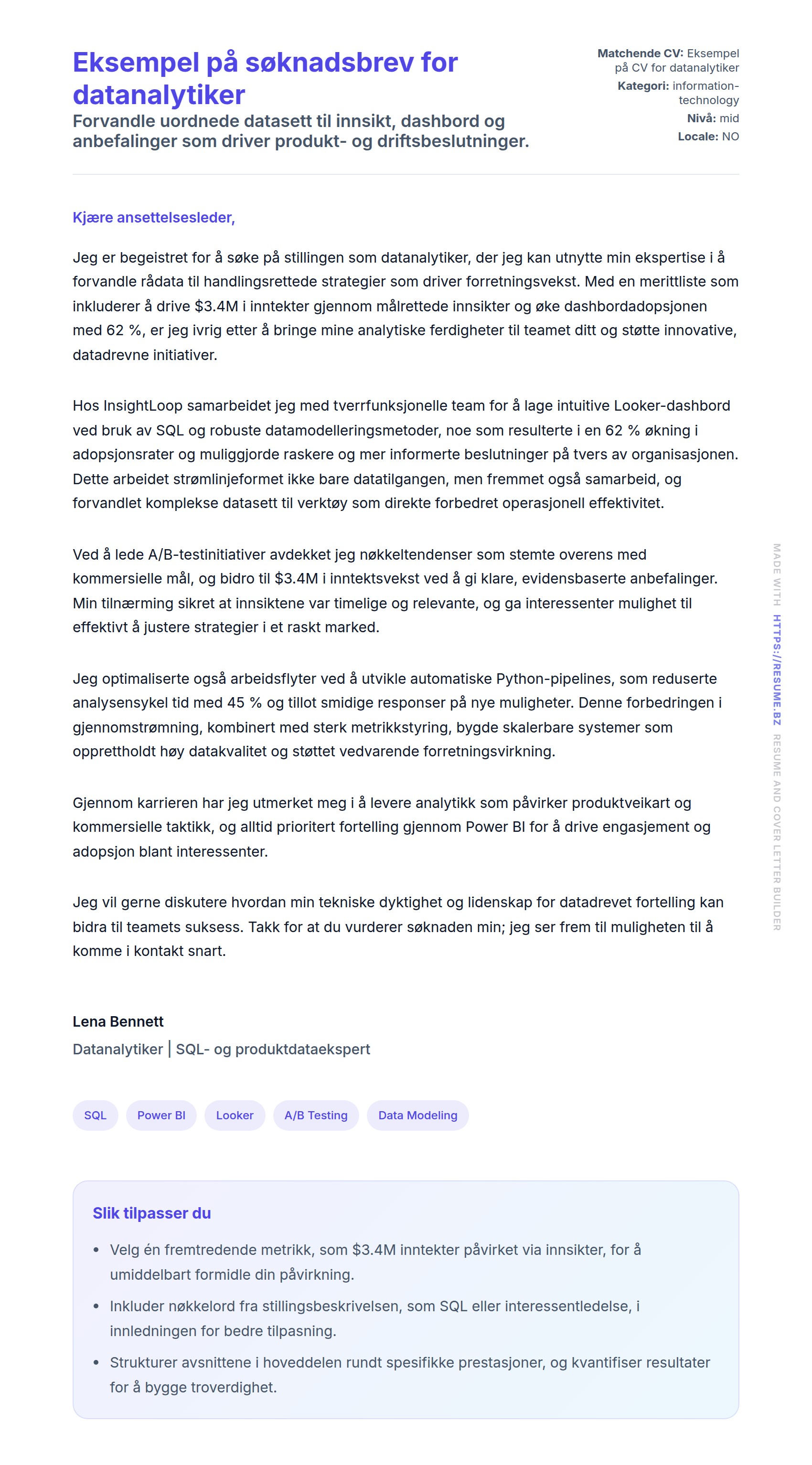 Forhåndsvisning av søknadsbrev for Eksempel på søknadsbrev for datanalytiker