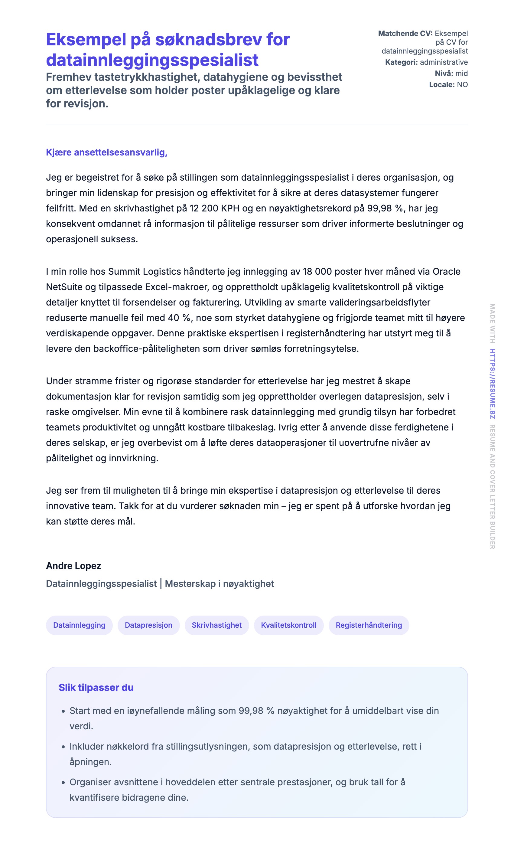 Eksempel på søknadsbrev for datainnleggingsspesialist