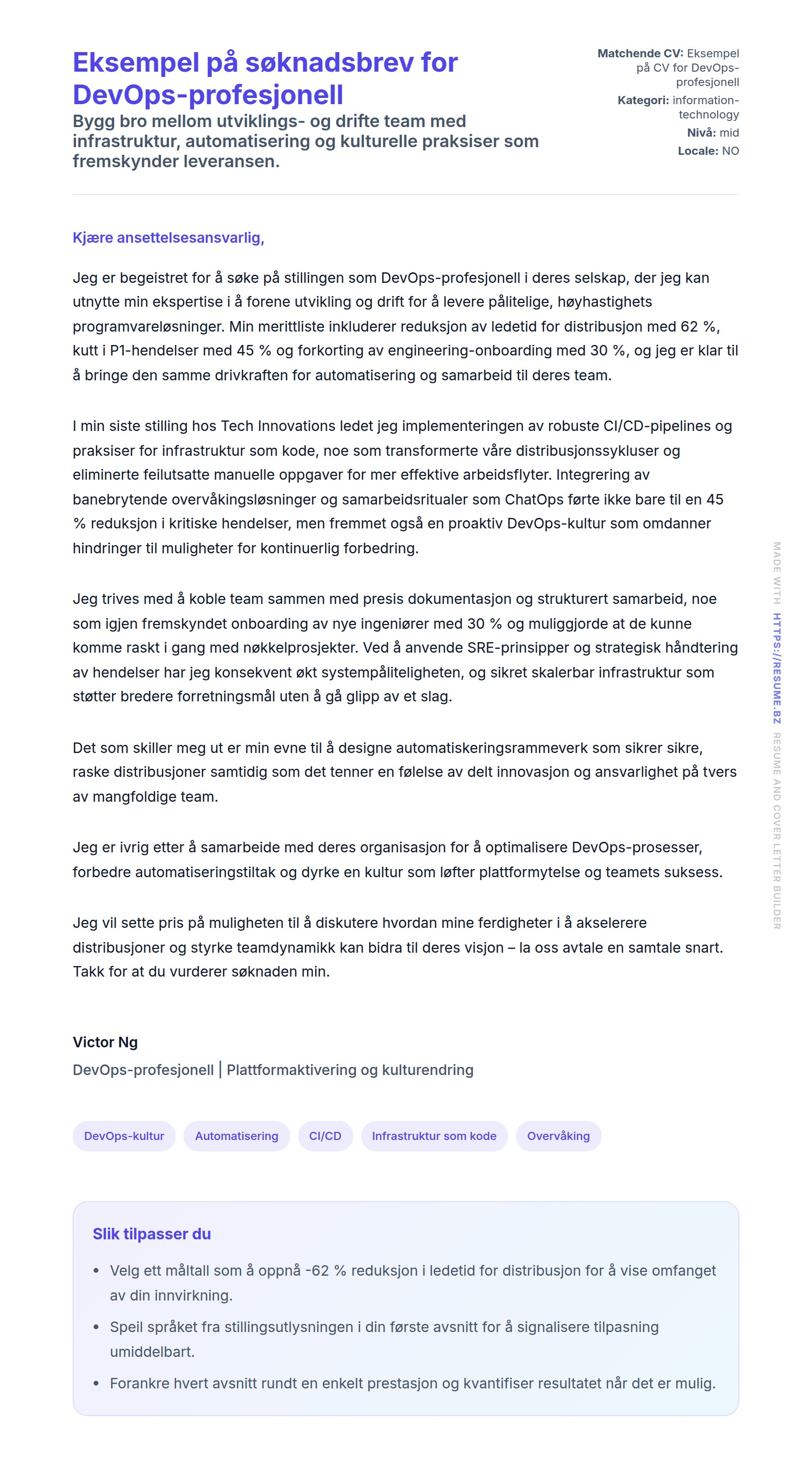 Forhåndsvisning av søknadsbrev for Eksempel på søknadsbrev for DevOps-profesjonell