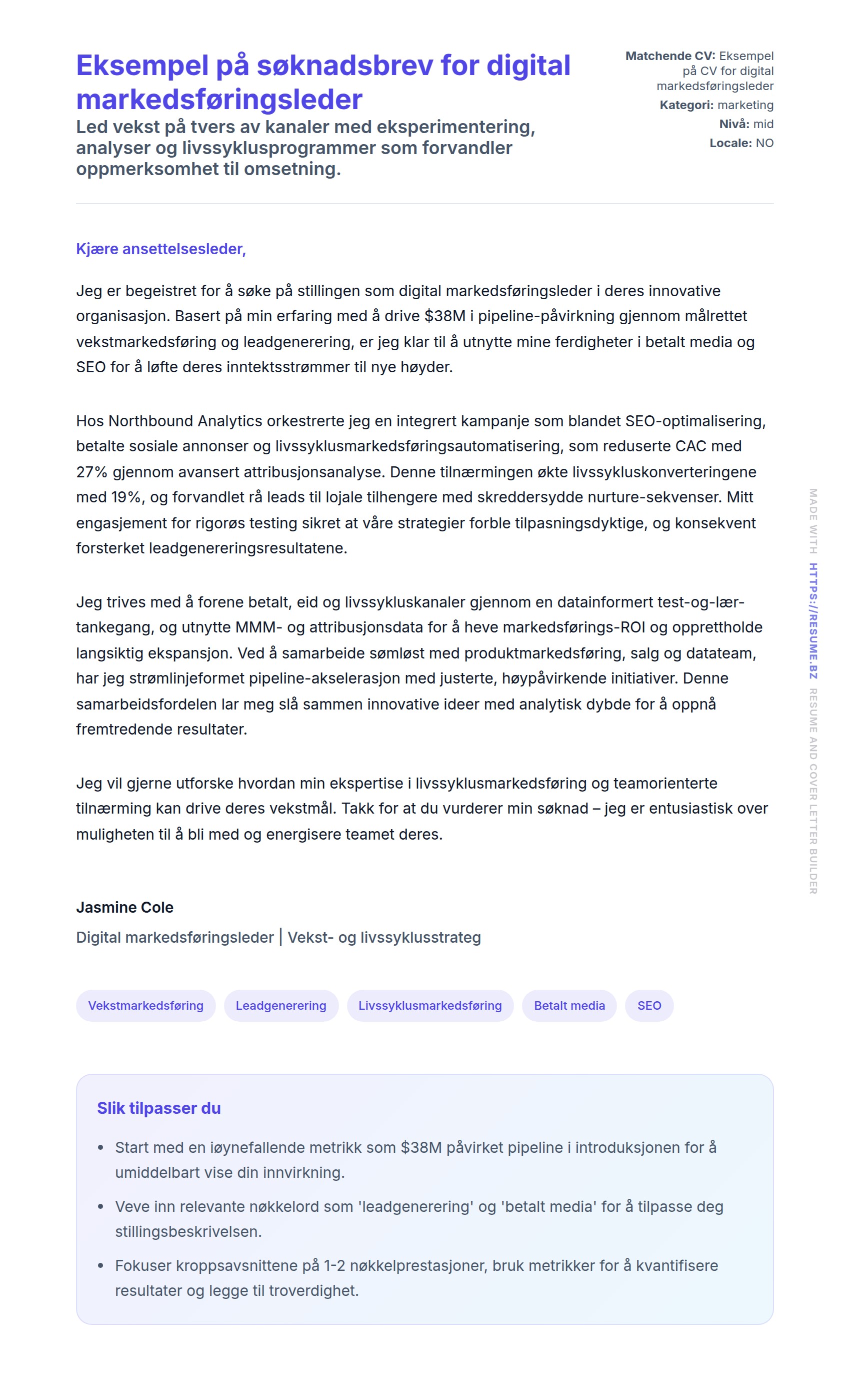 Forhåndsvisning av søknadsbrev for Eksempel på søknadsbrev for digital markedsføringsleder