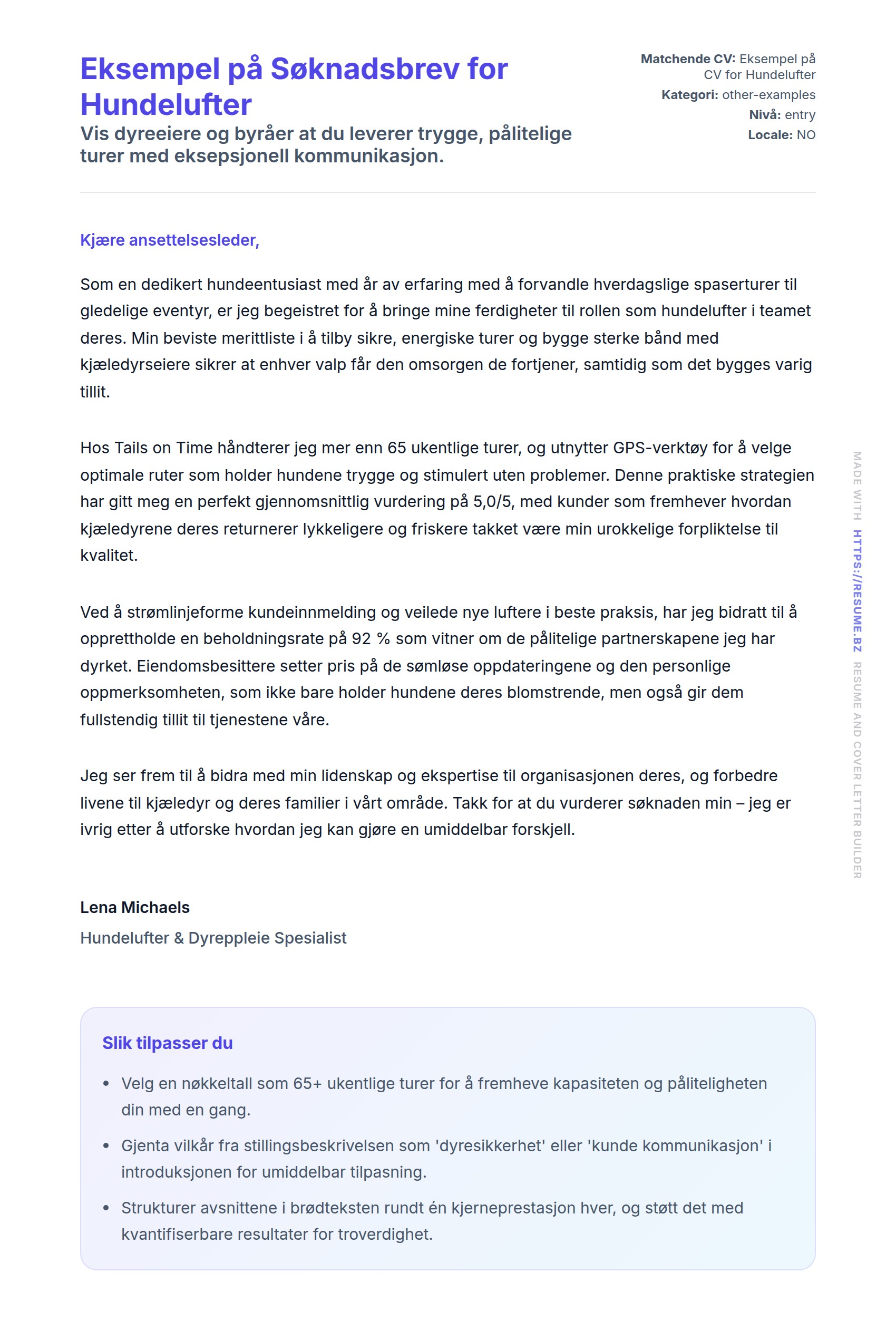 Forhåndsvisning av søknadsbrev for Eksempel på Søknadsbrev for Hundelufter