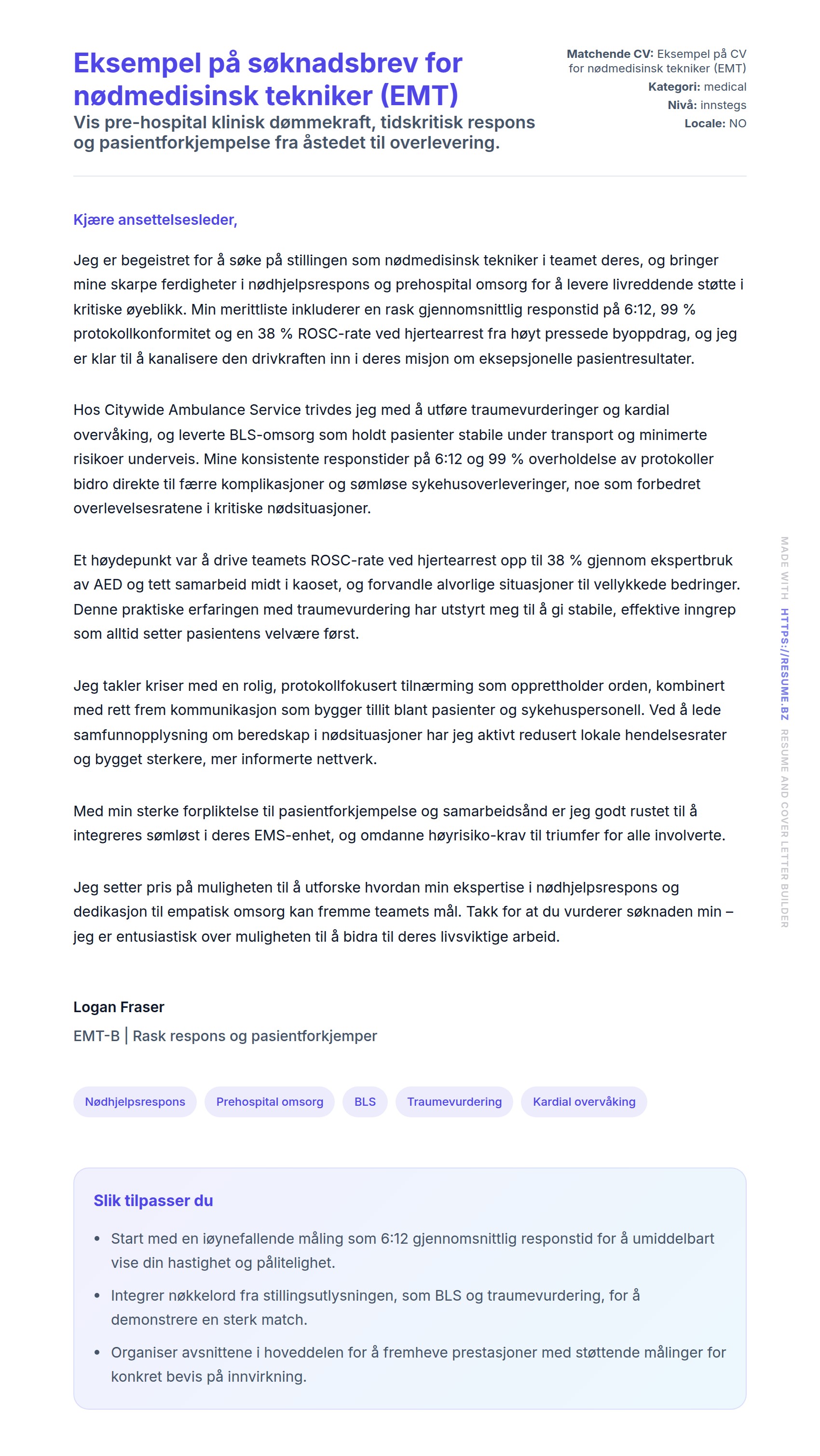 Forhåndsvisning av søknadsbrev for Eksempel på søknadsbrev for nødmedisinsk tekniker (EMT)