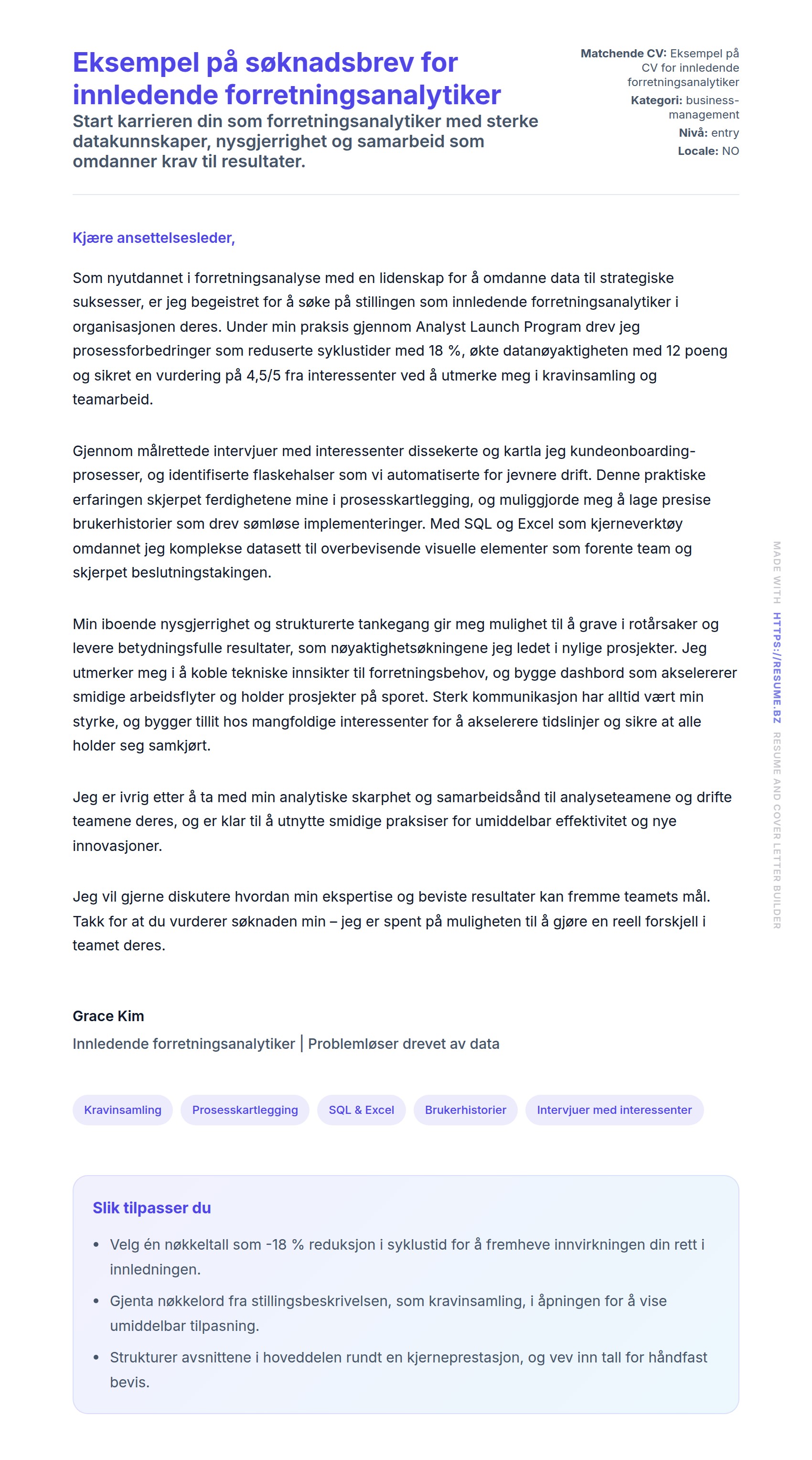 Forhåndsvisning av søknadsbrev for Eksempel på søknadsbrev for innledende forretningsanalytiker