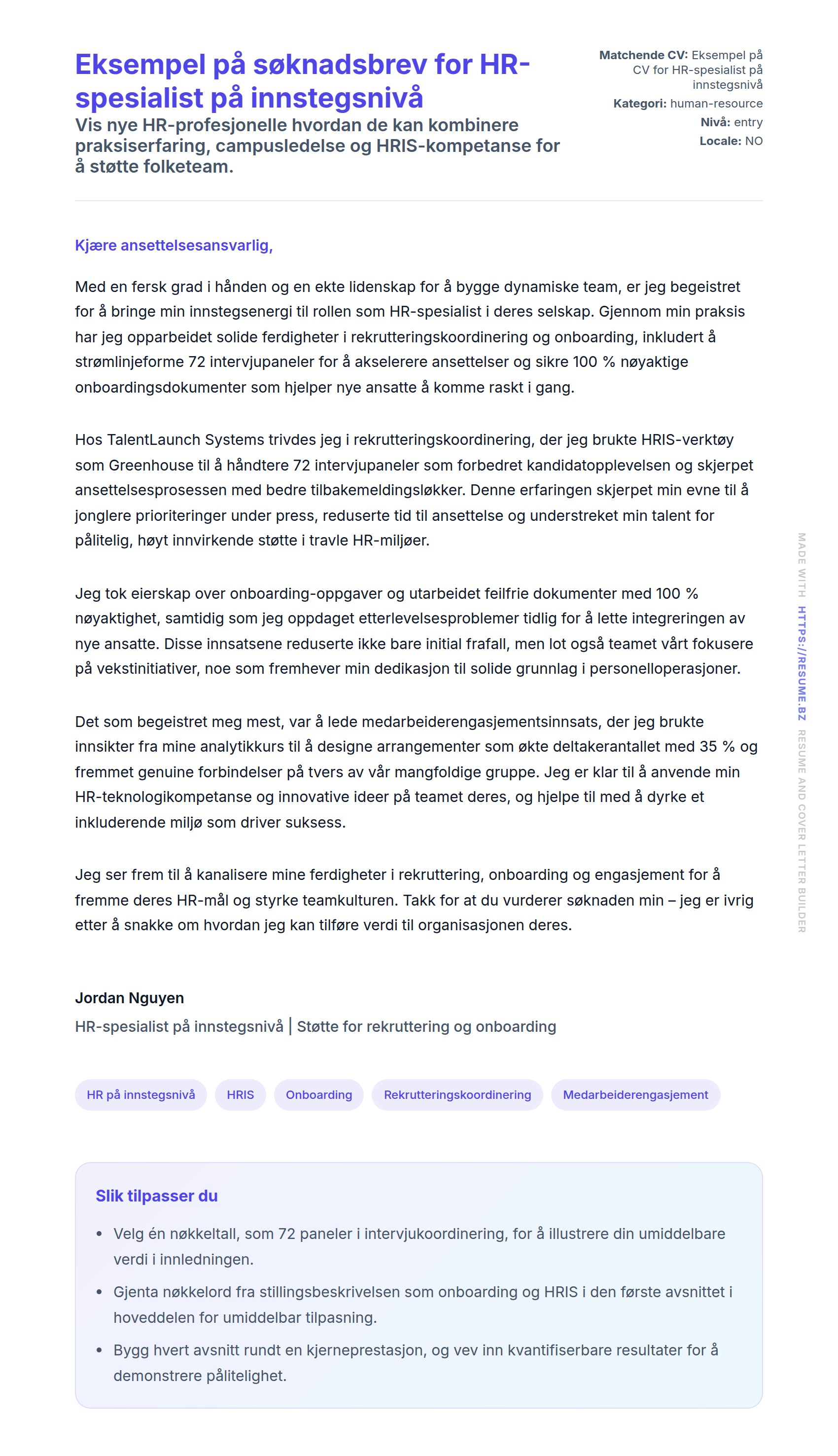 Forhåndsvisning av søknadsbrev for Eksempel på søknadsbrev for HR-spesialist på innstegsnivå