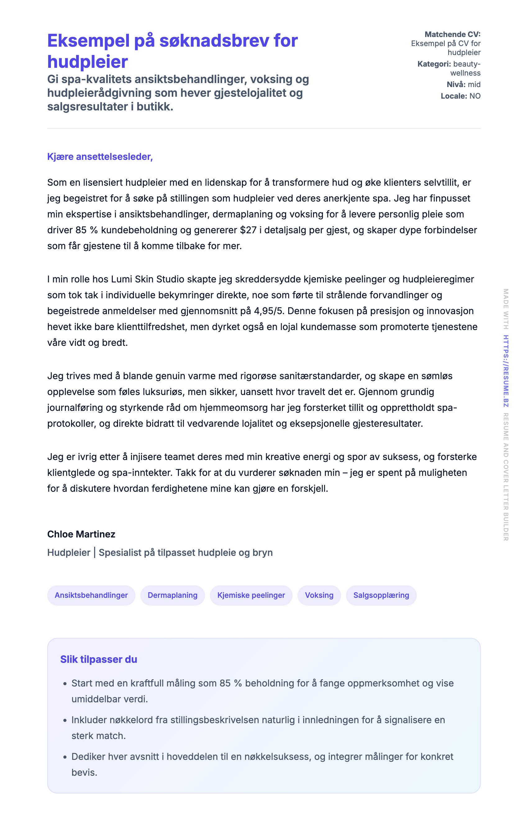 Forhåndsvisning av søknadsbrev for Eksempel på søknadsbrev for hudpleier