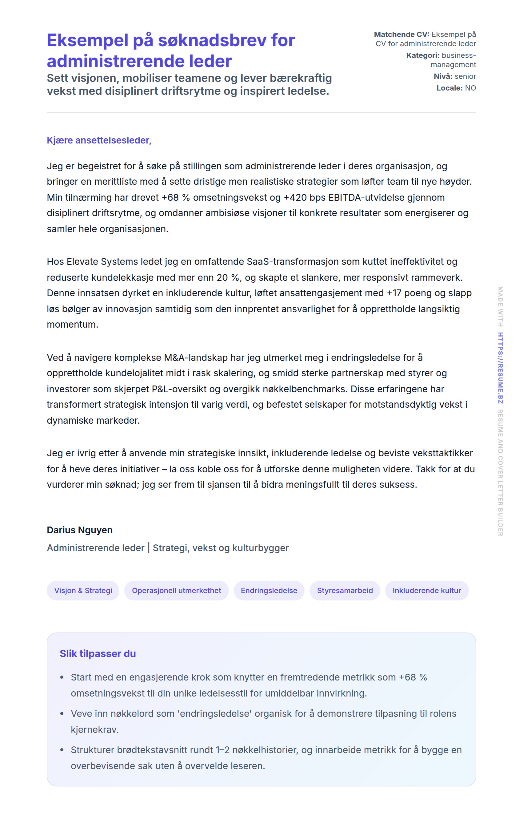 Forhåndsvisning av søknadsbrev for Eksempel på søknadsbrev for administrerende leder