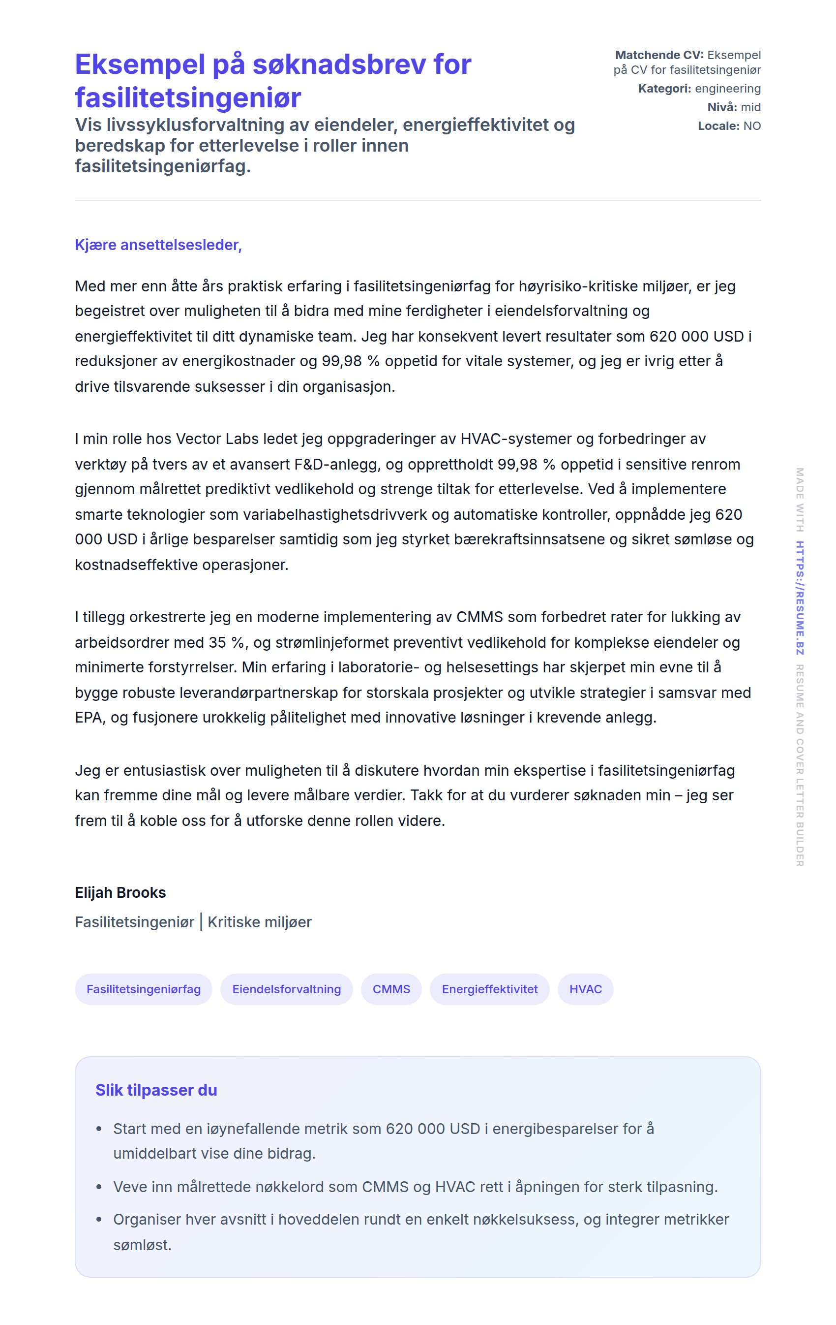 Forhåndsvisning av søknadsbrev for Eksempel på søknadsbrev for fasilitetsingeniør