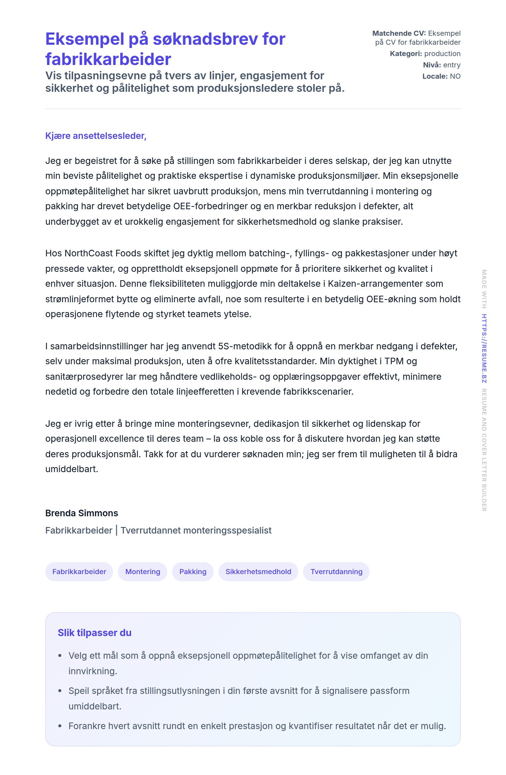 Eksempel på søknadsbrev for fabrikkarbeider