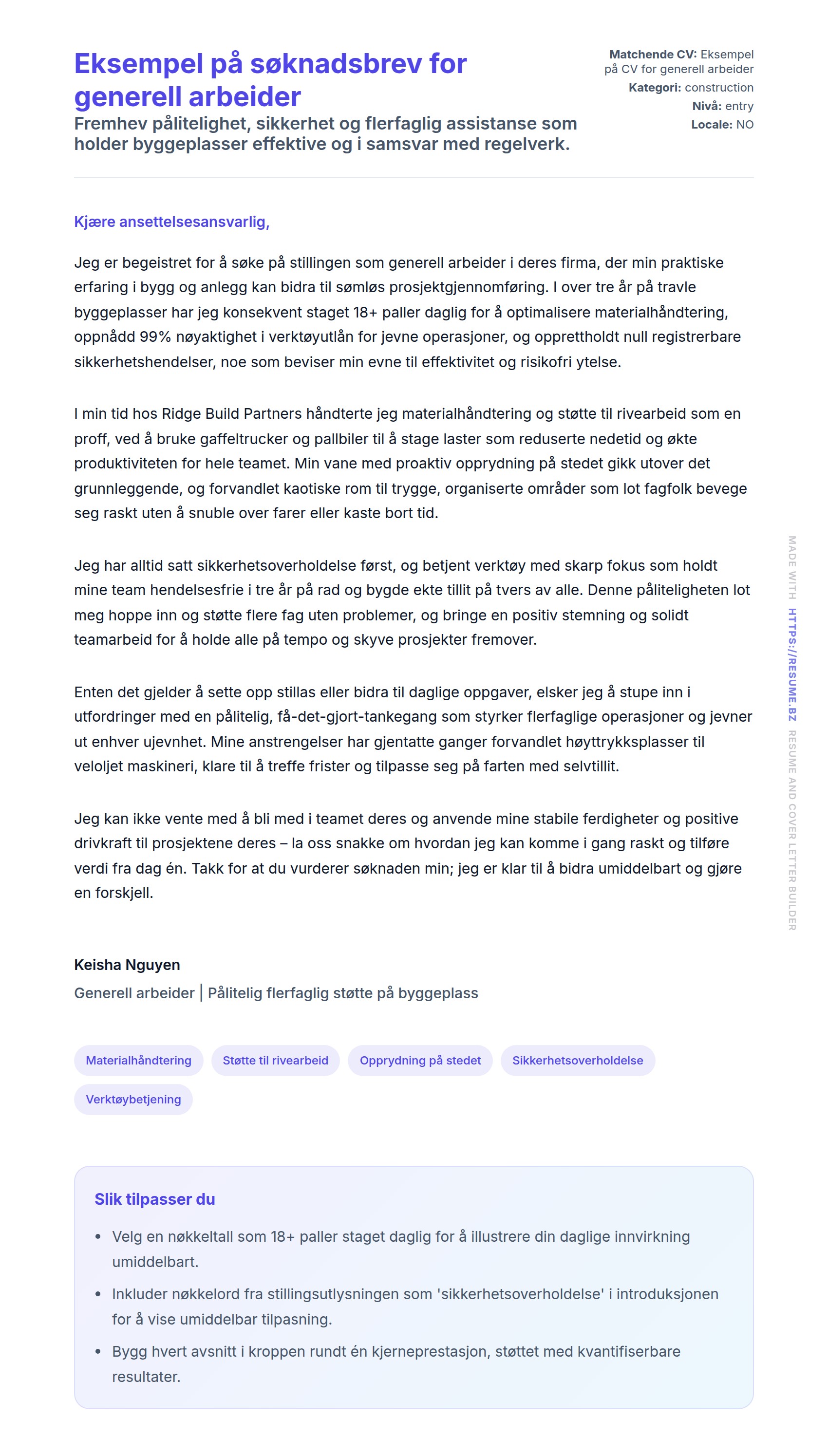 Eksempel på søknadsbrev for generell arbeider