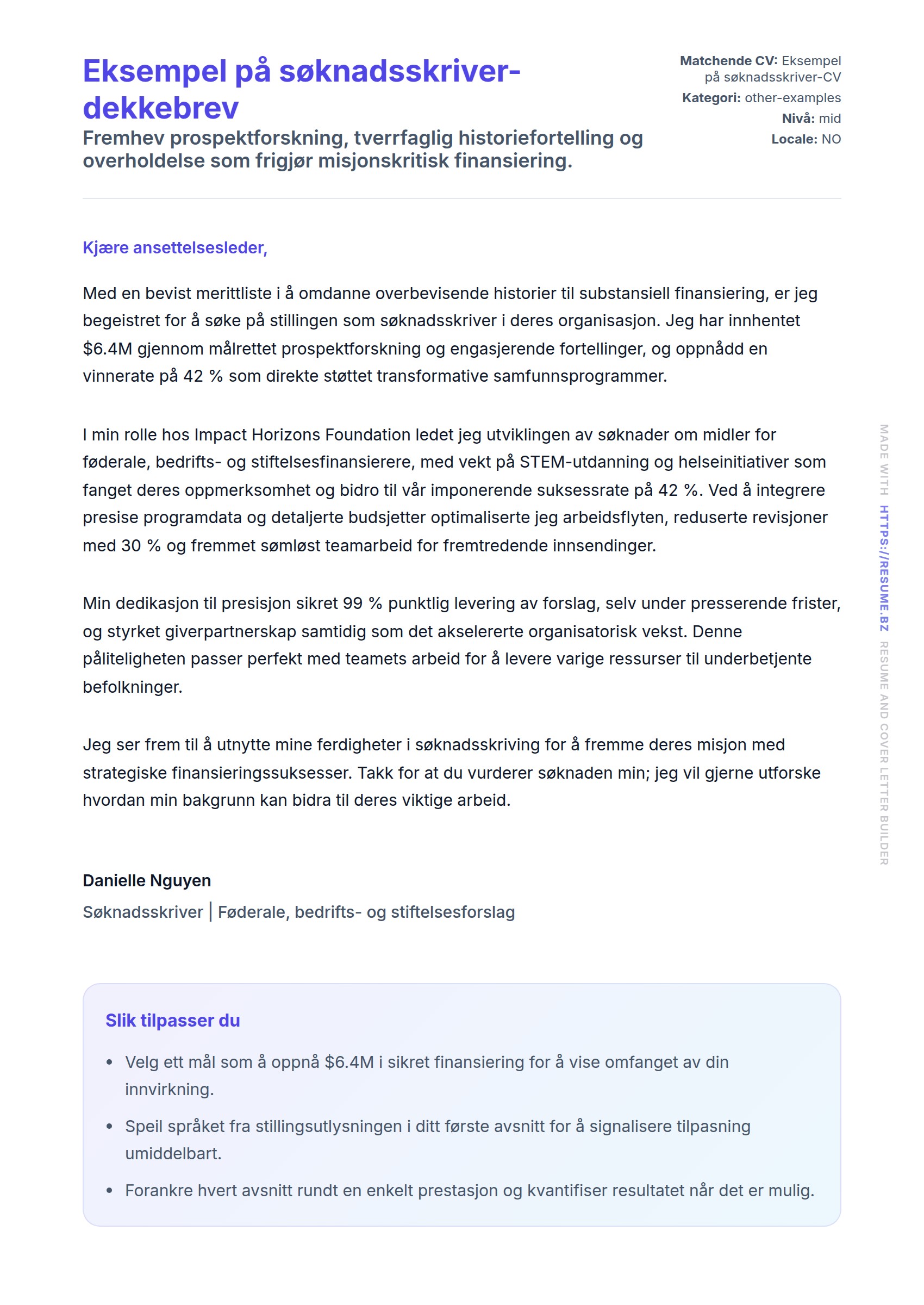 Forhåndsvisning av søknadsbrev for Eksempel på søknadsskriver-dekkebrev