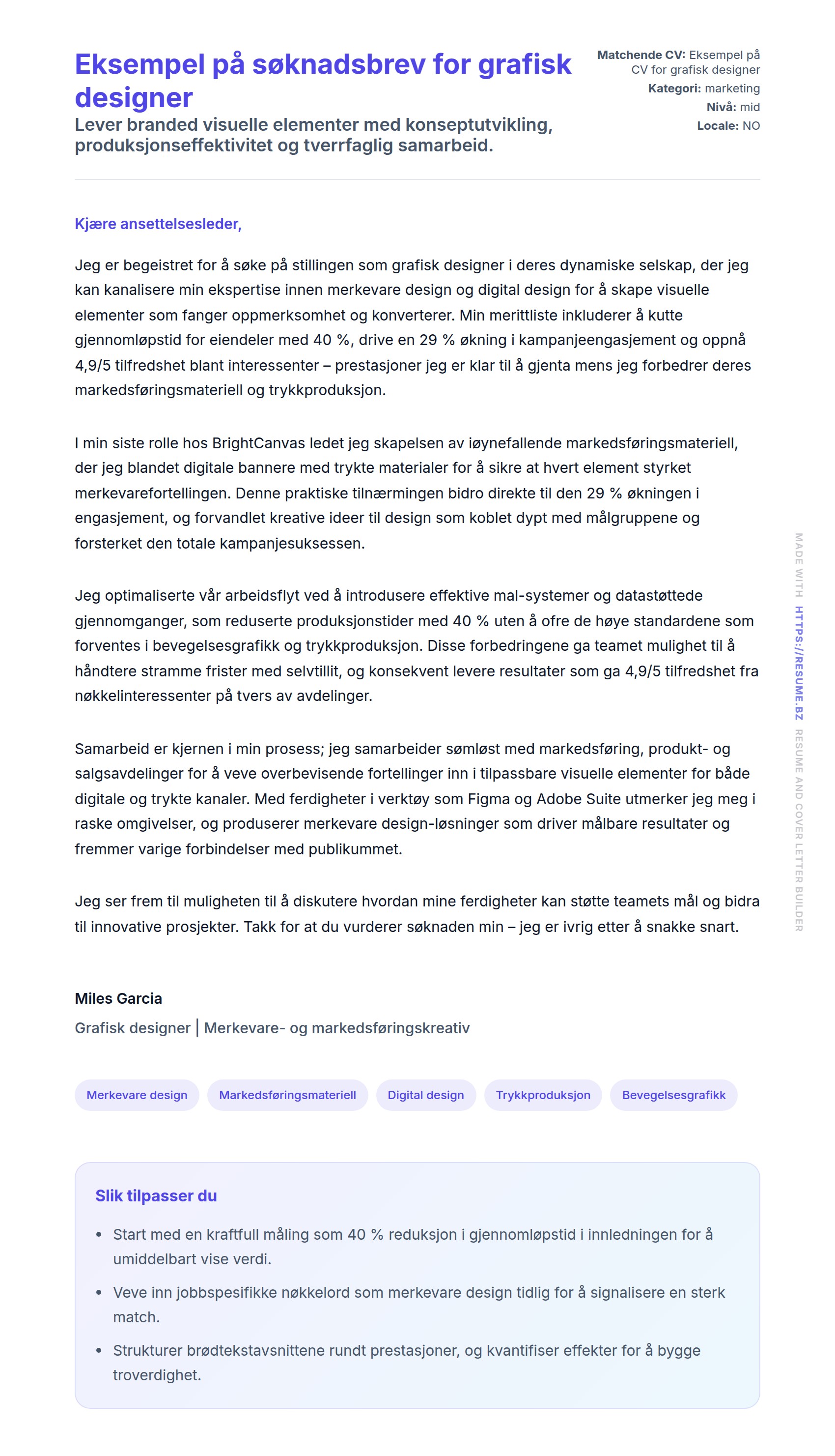 Forhåndsvisning av søknadsbrev for Eksempel på søknadsbrev for grafisk designer