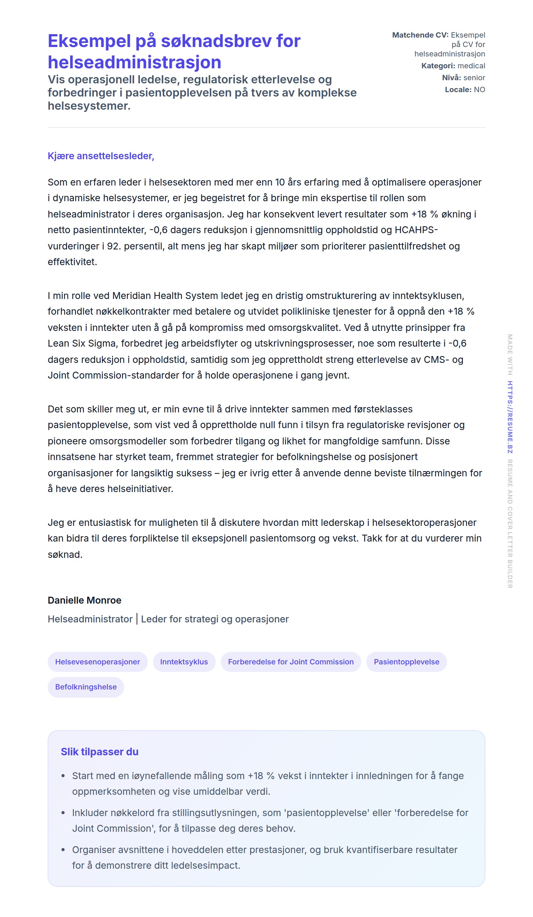 Forhåndsvisning av søknadsbrev for Eksempel på søknadsbrev for helseadministrasjon