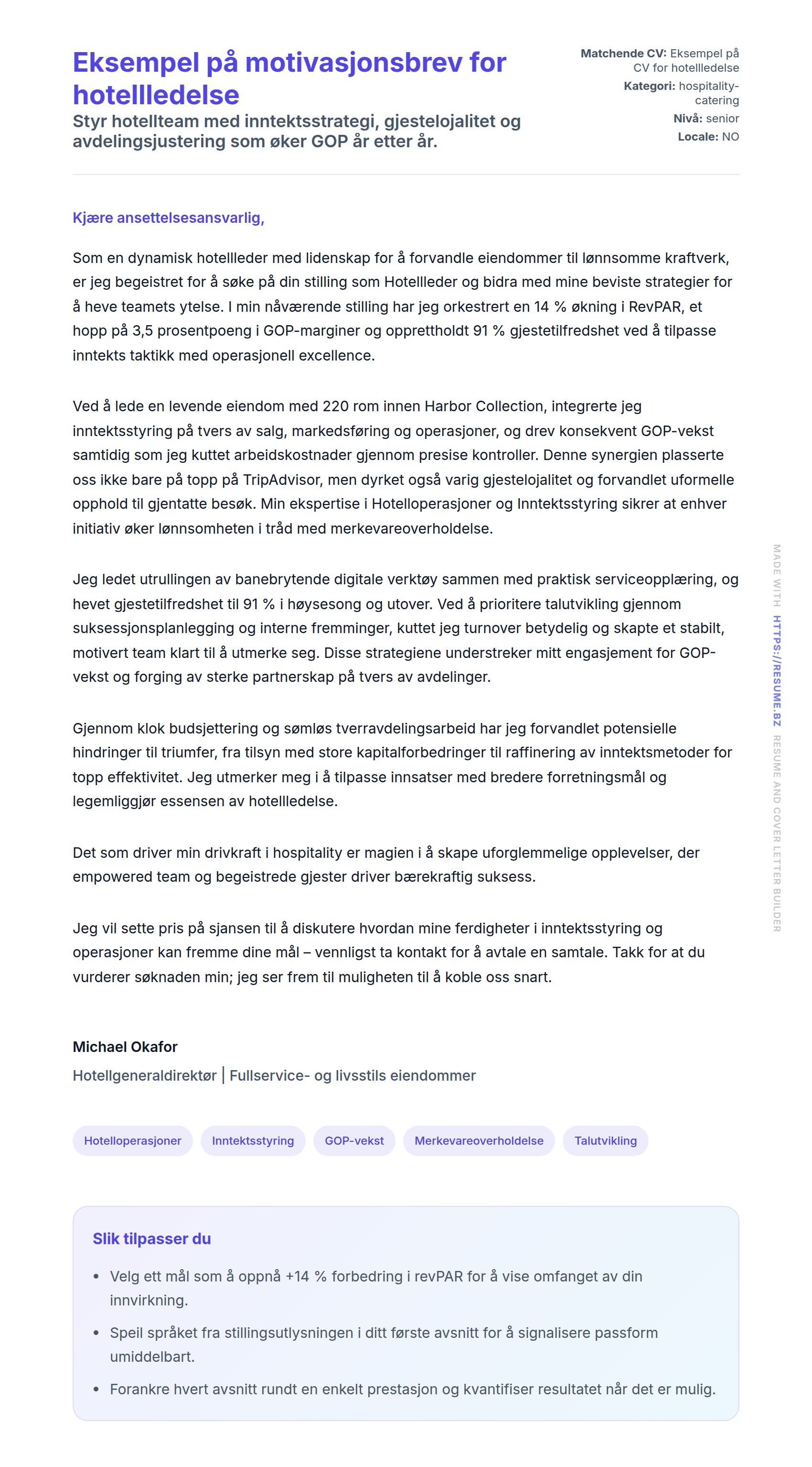 Forhåndsvisning av søknadsbrev for Eksempel på motivasjonsbrev for hotellledelse