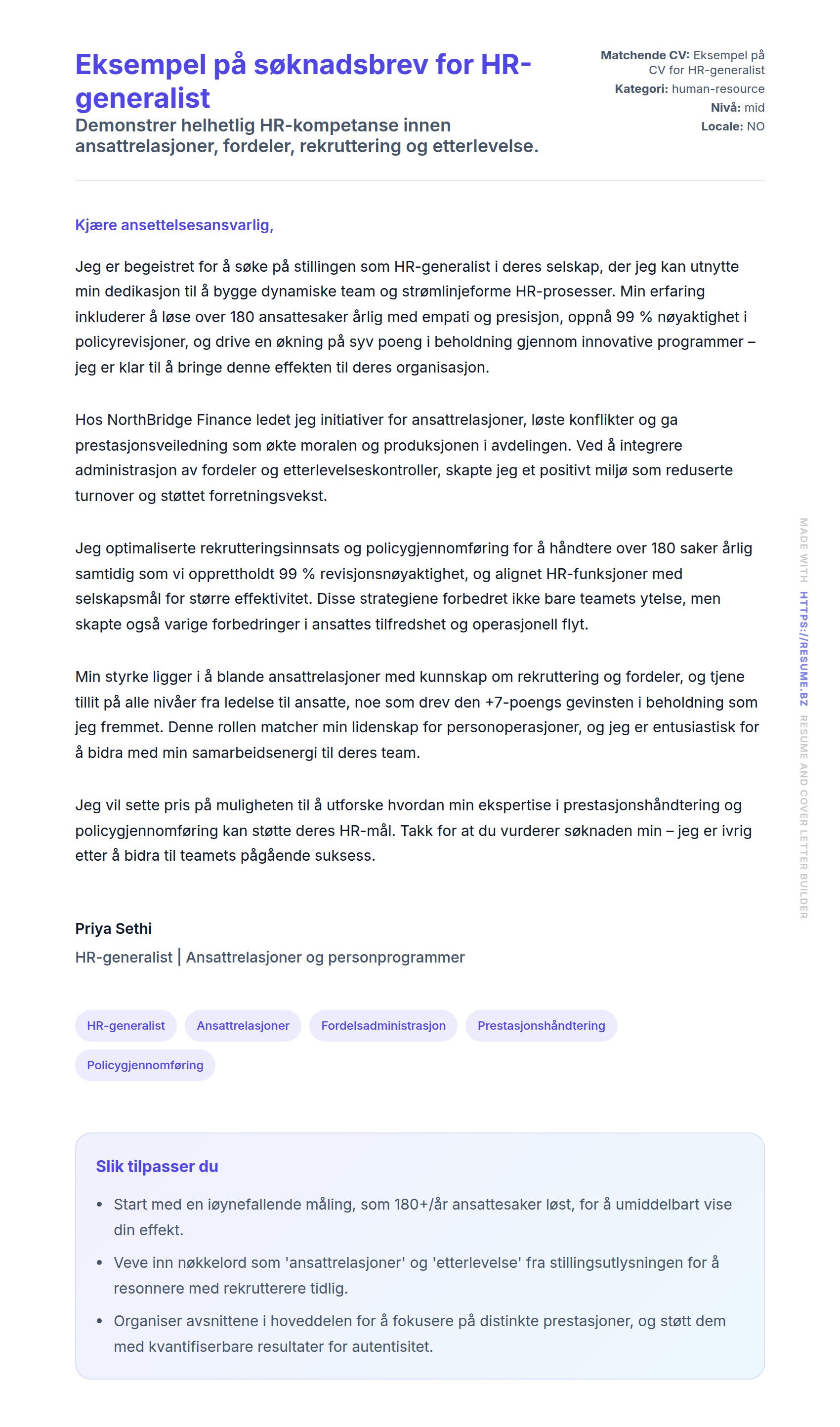Eksempel på søknadsbrev for HR-generalist