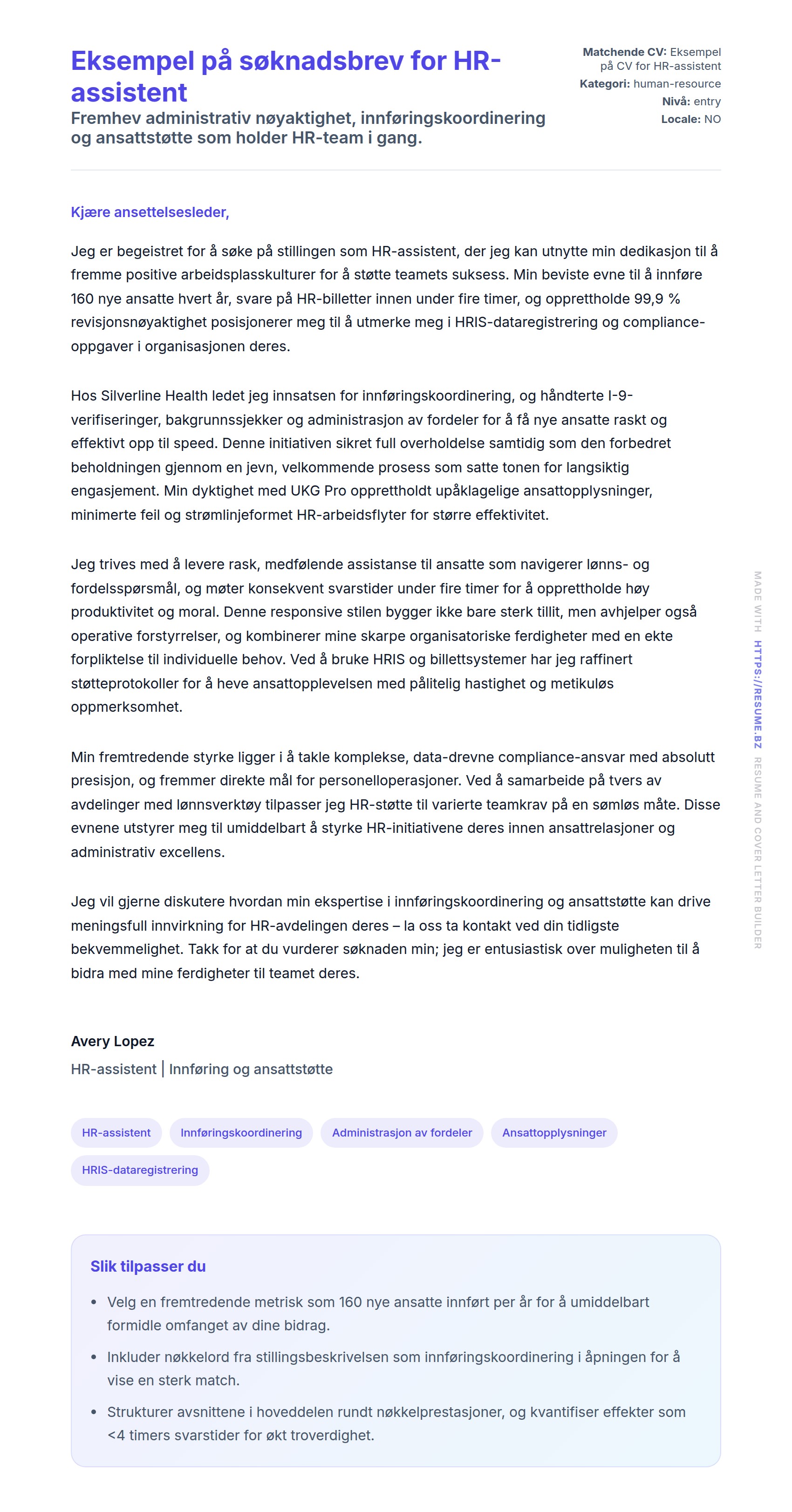 Eksempel på søknadsbrev for HR-assistent