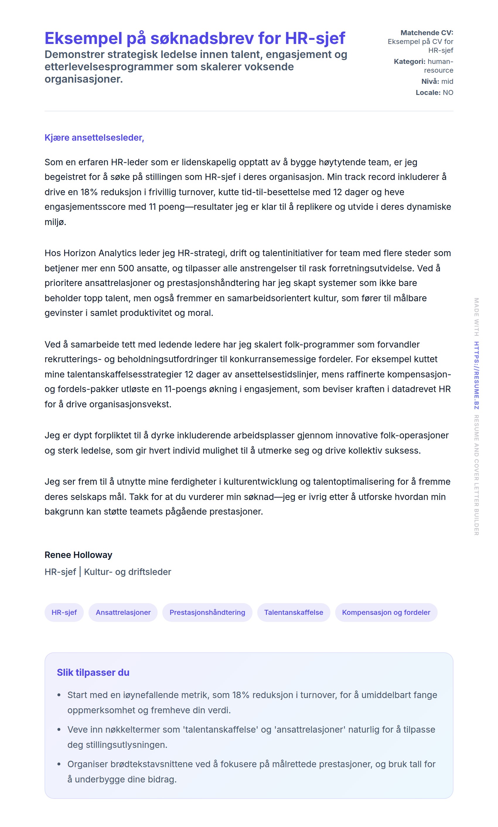 Eksempel på søknadsbrev for HR-sjef