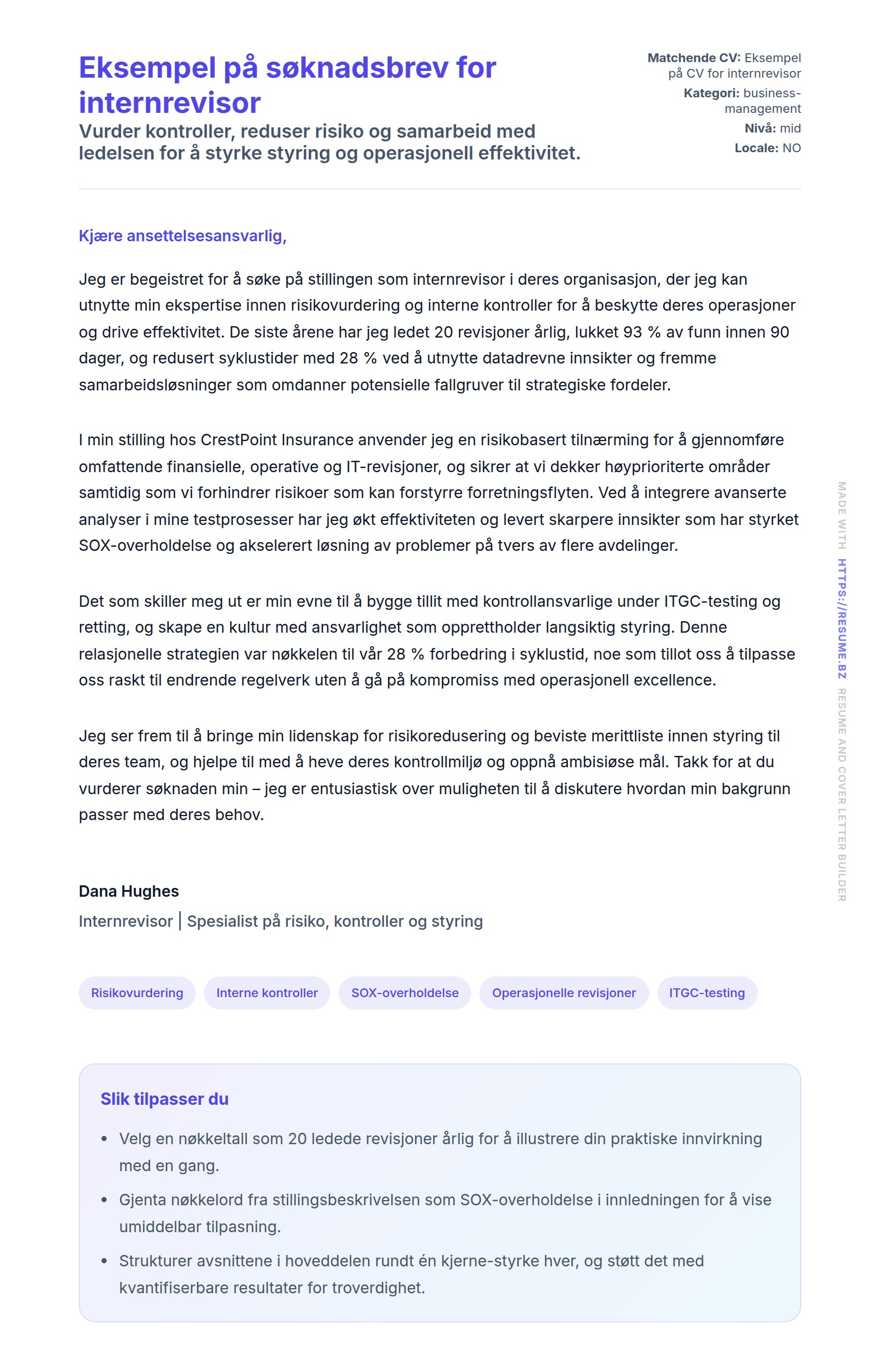Forhåndsvisning av søknadsbrev for Eksempel på søknadsbrev for internrevisor