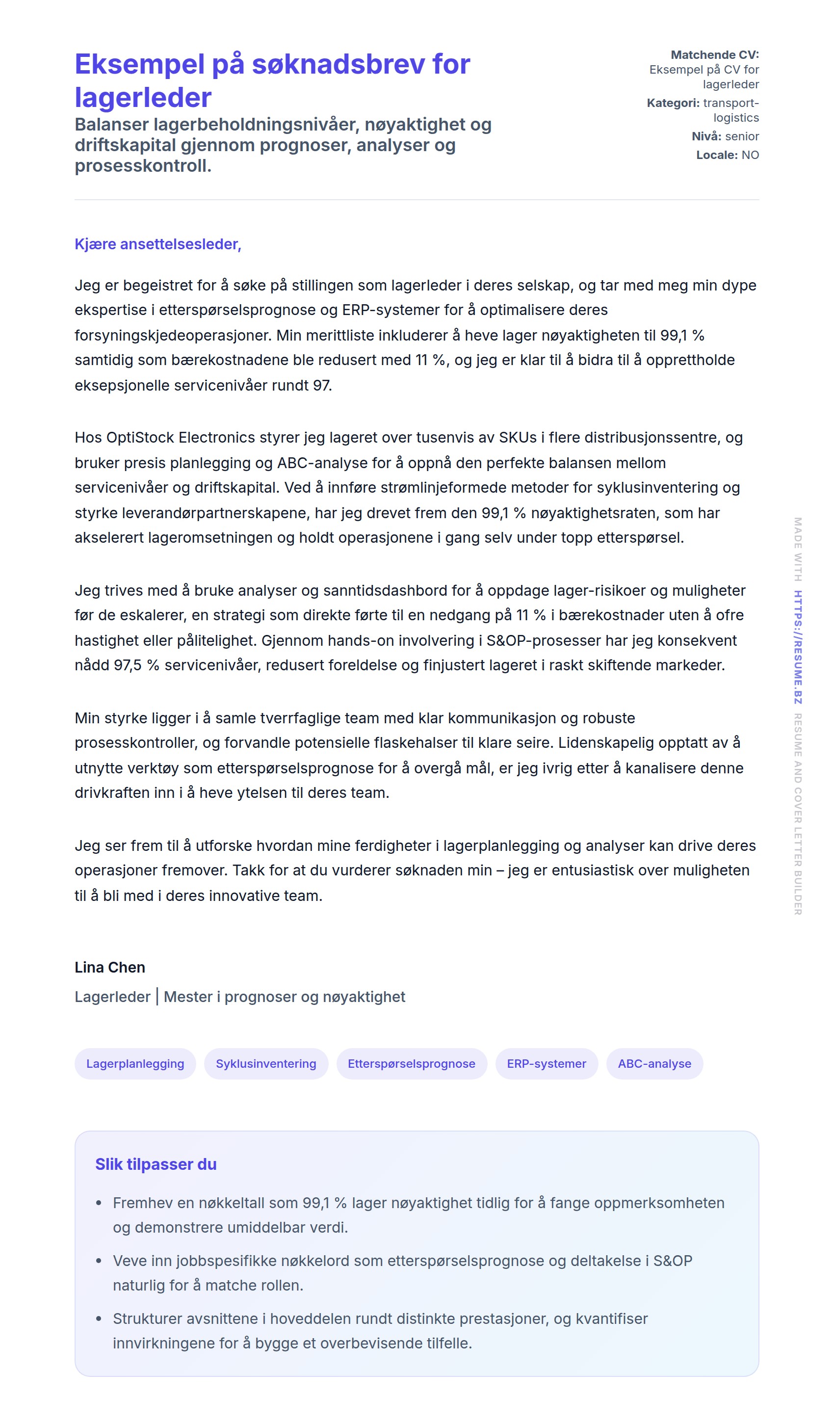 Forhåndsvisning av søknadsbrev for Eksempel på søknadsbrev for lagerleder