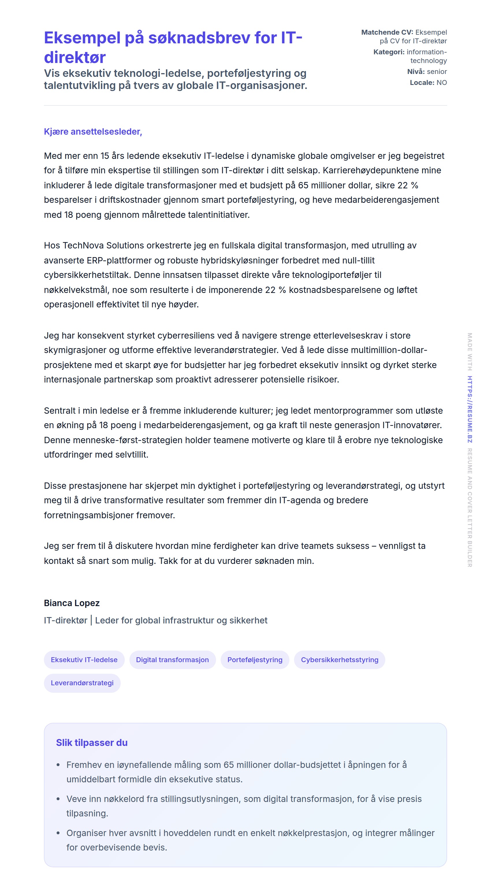 Forhåndsvisning av søknadsbrev for Eksempel på søknadsbrev for IT-direktør