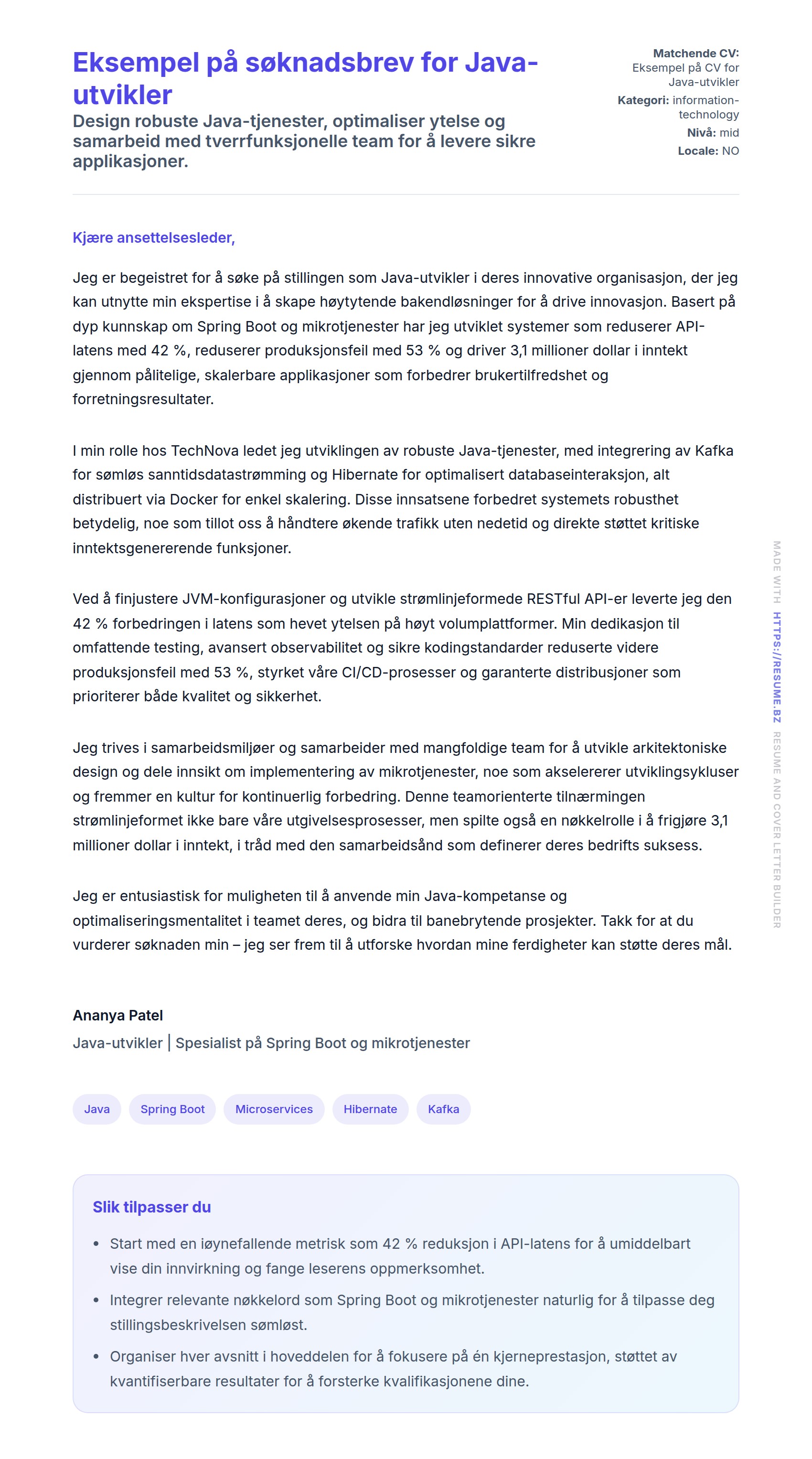 Forhåndsvisning av søknadsbrev for Eksempel på søknadsbrev for Java-utvikler