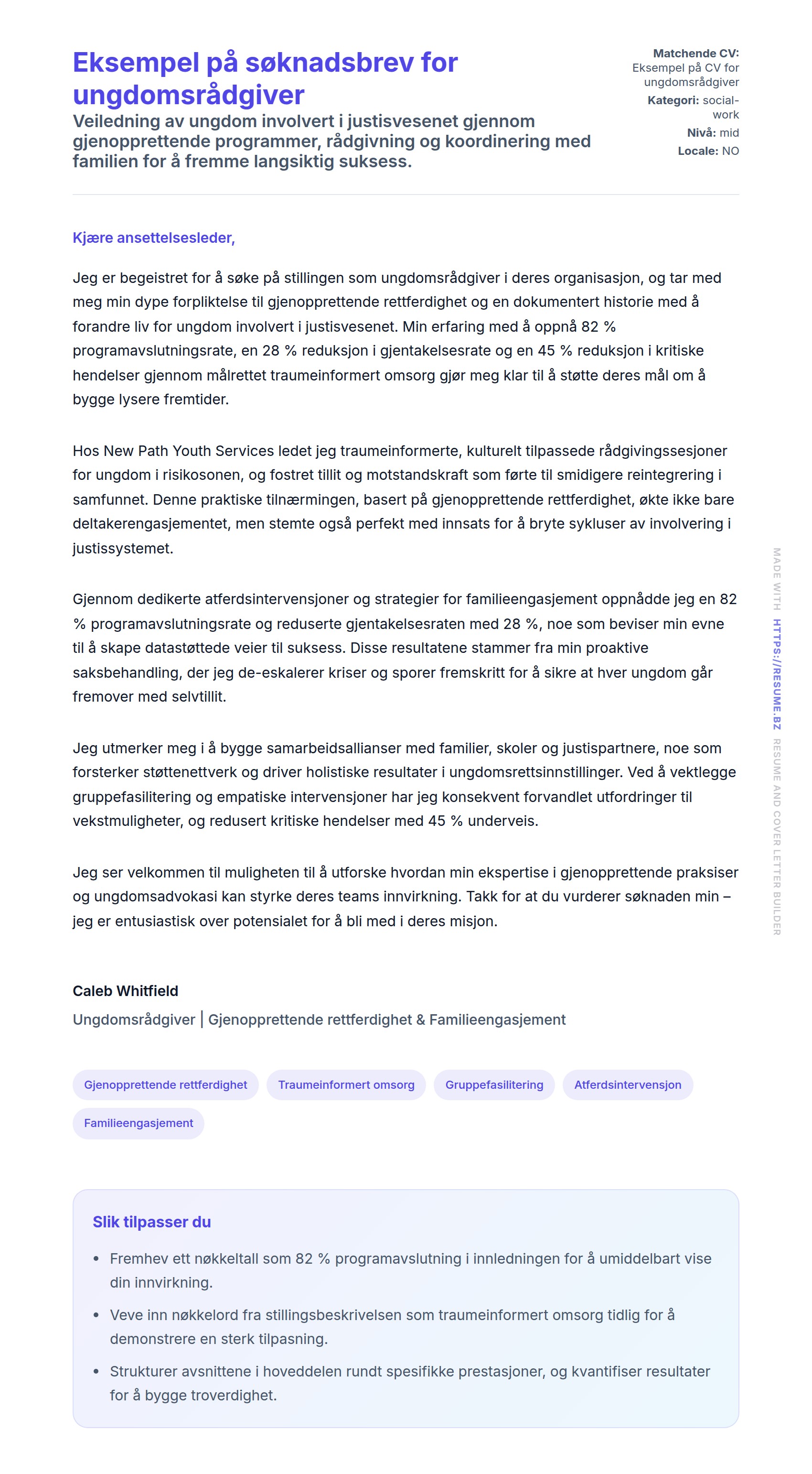 Forhåndsvisning av søknadsbrev for Eksempel på søknadsbrev for ungdomsrådgiver