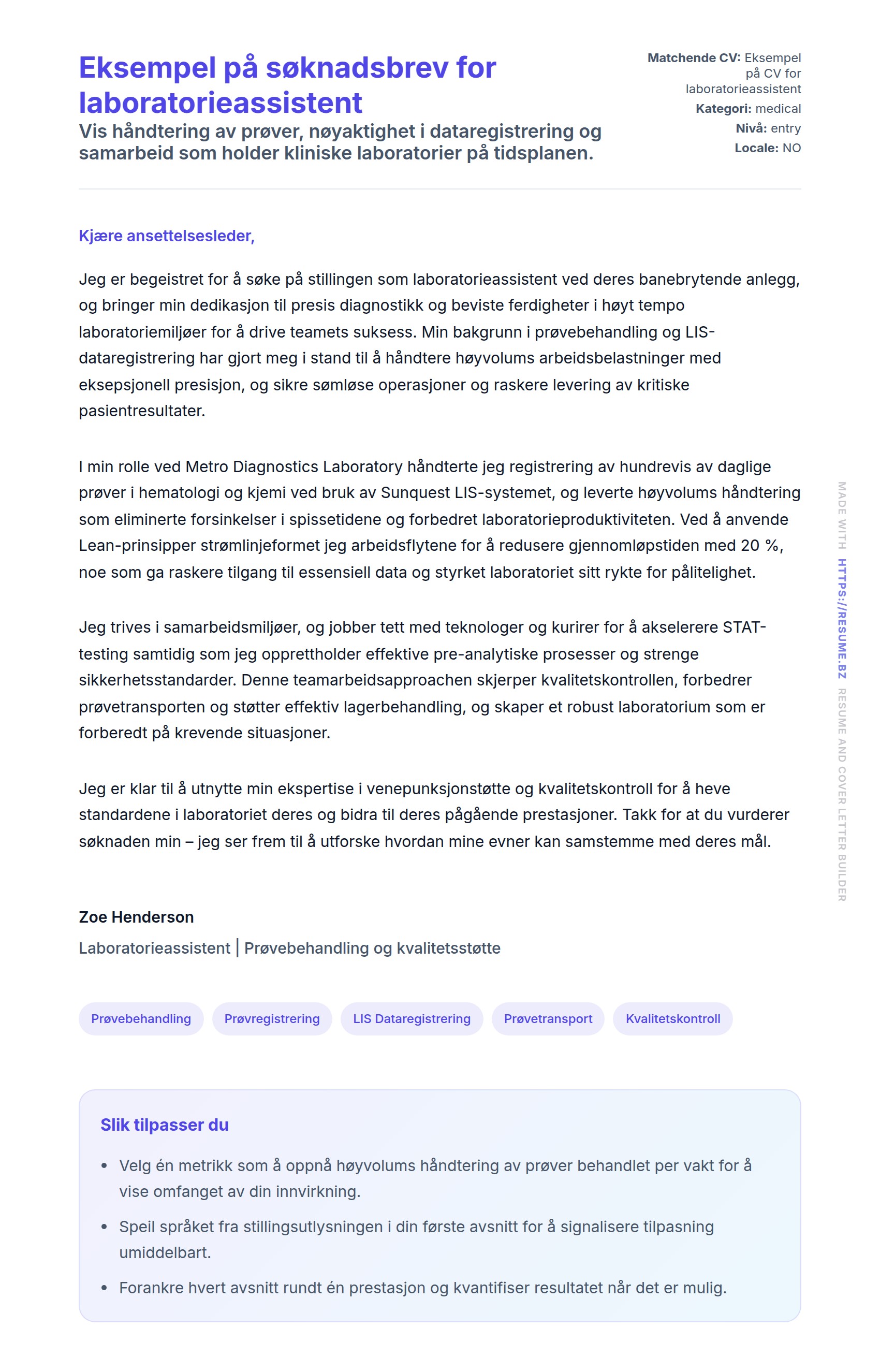 Forhåndsvisning av søknadsbrev for Eksempel på søknadsbrev for laboratorieassistent