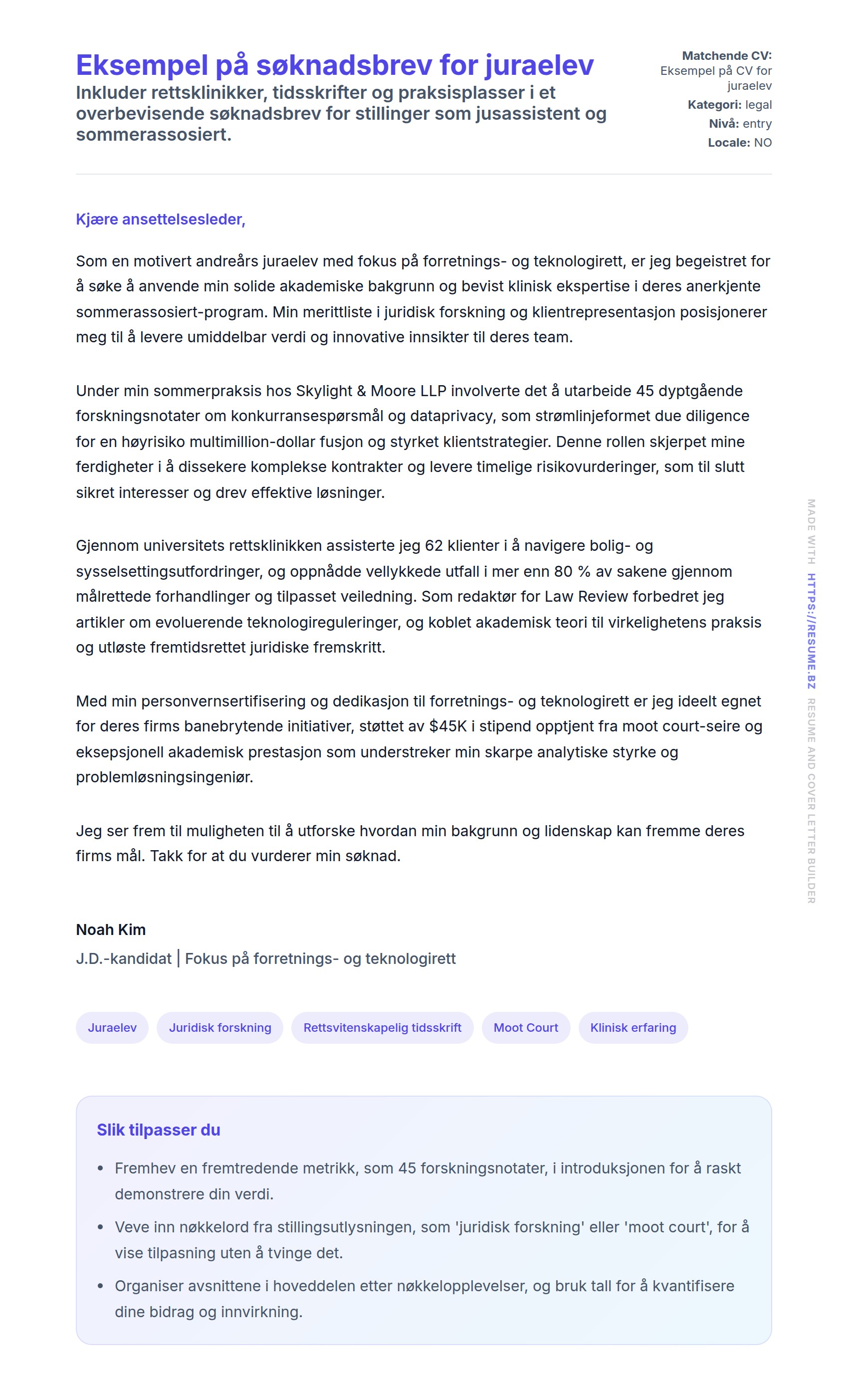 Forhåndsvisning av søknadsbrev for Eksempel på søknadsbrev for juraelev