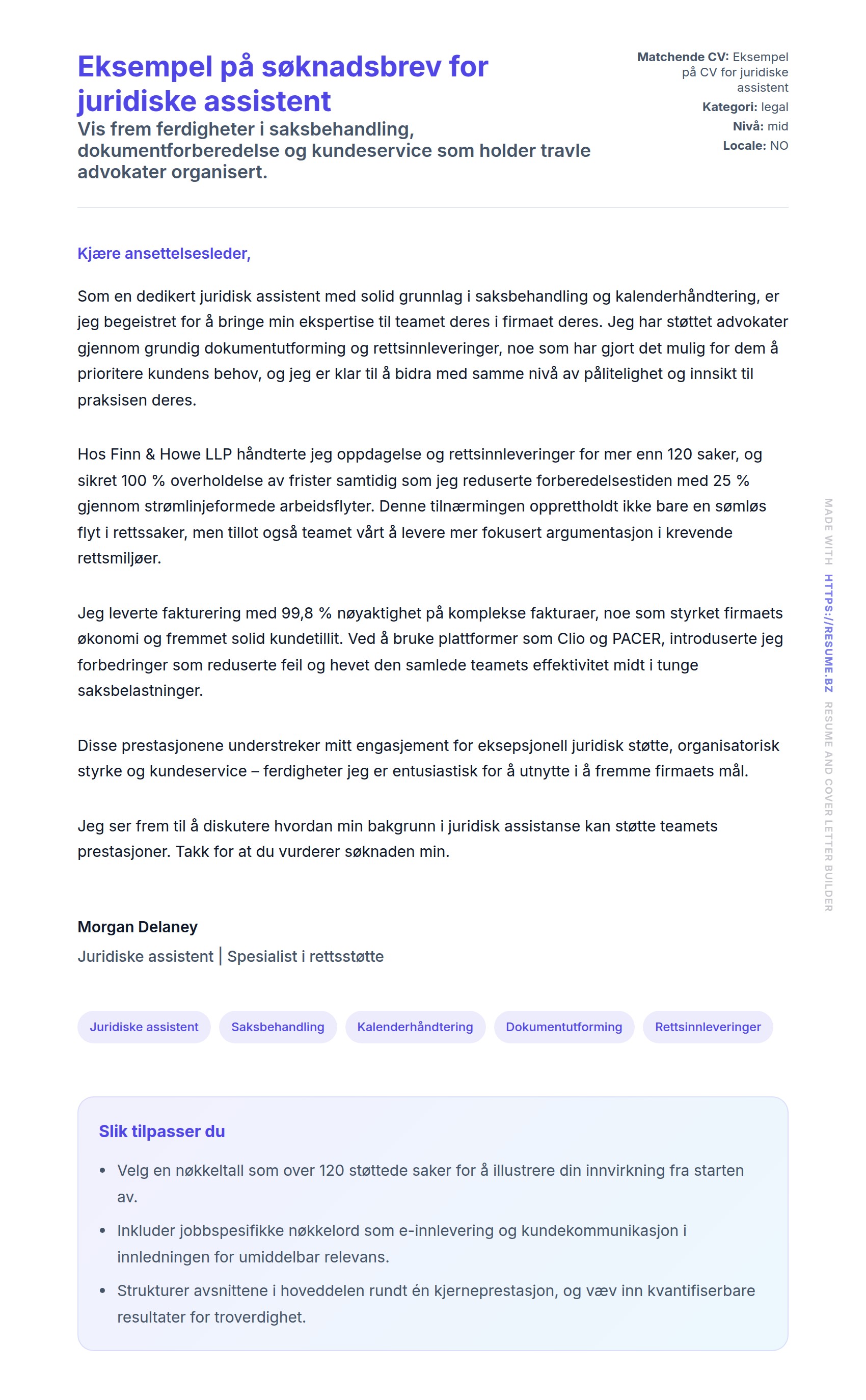 Eksempel på søknadsbrev for juridiske assistent