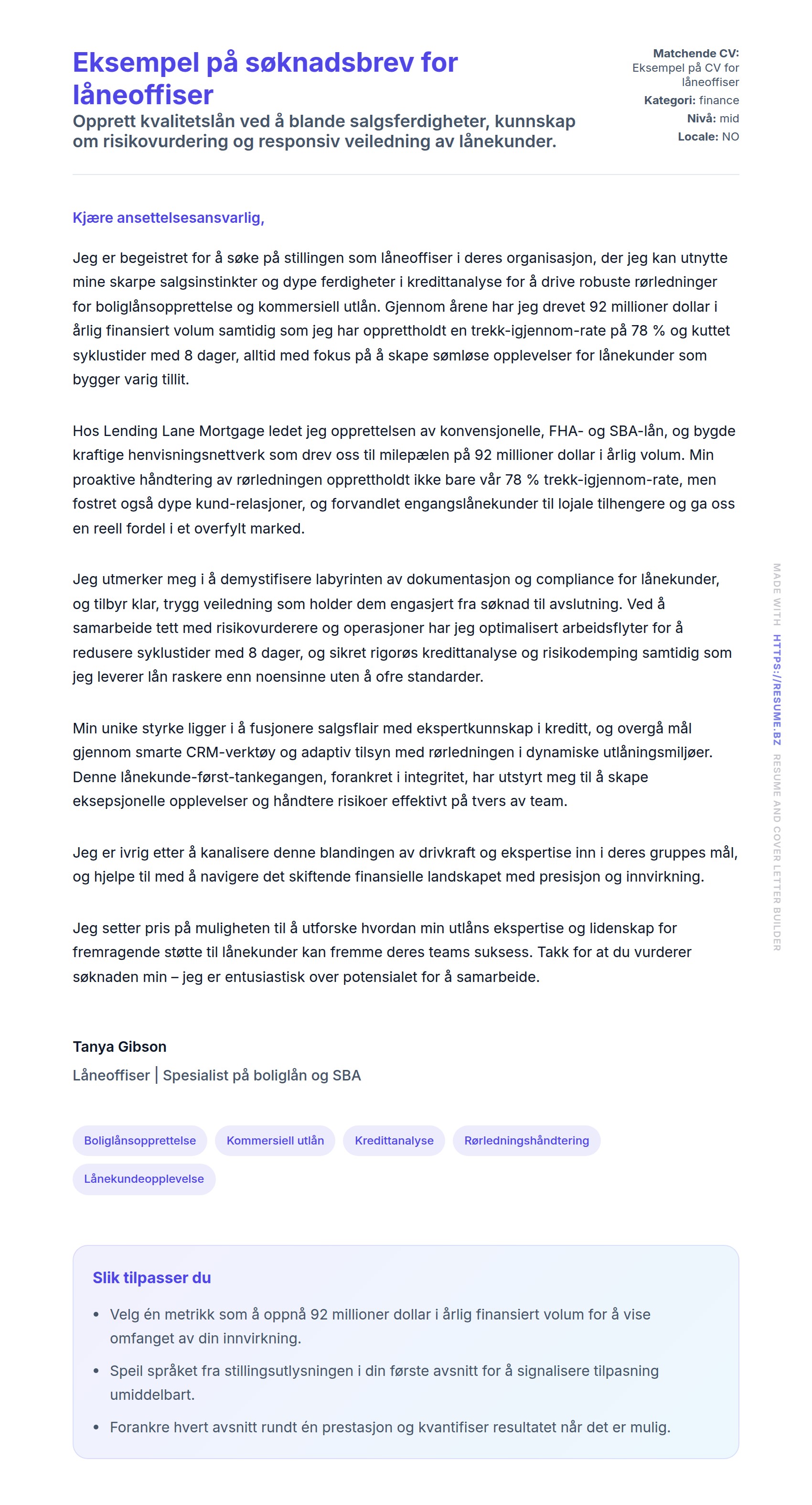Forhåndsvisning av søknadsbrev for Eksempel på søknadsbrev for låneoffiser