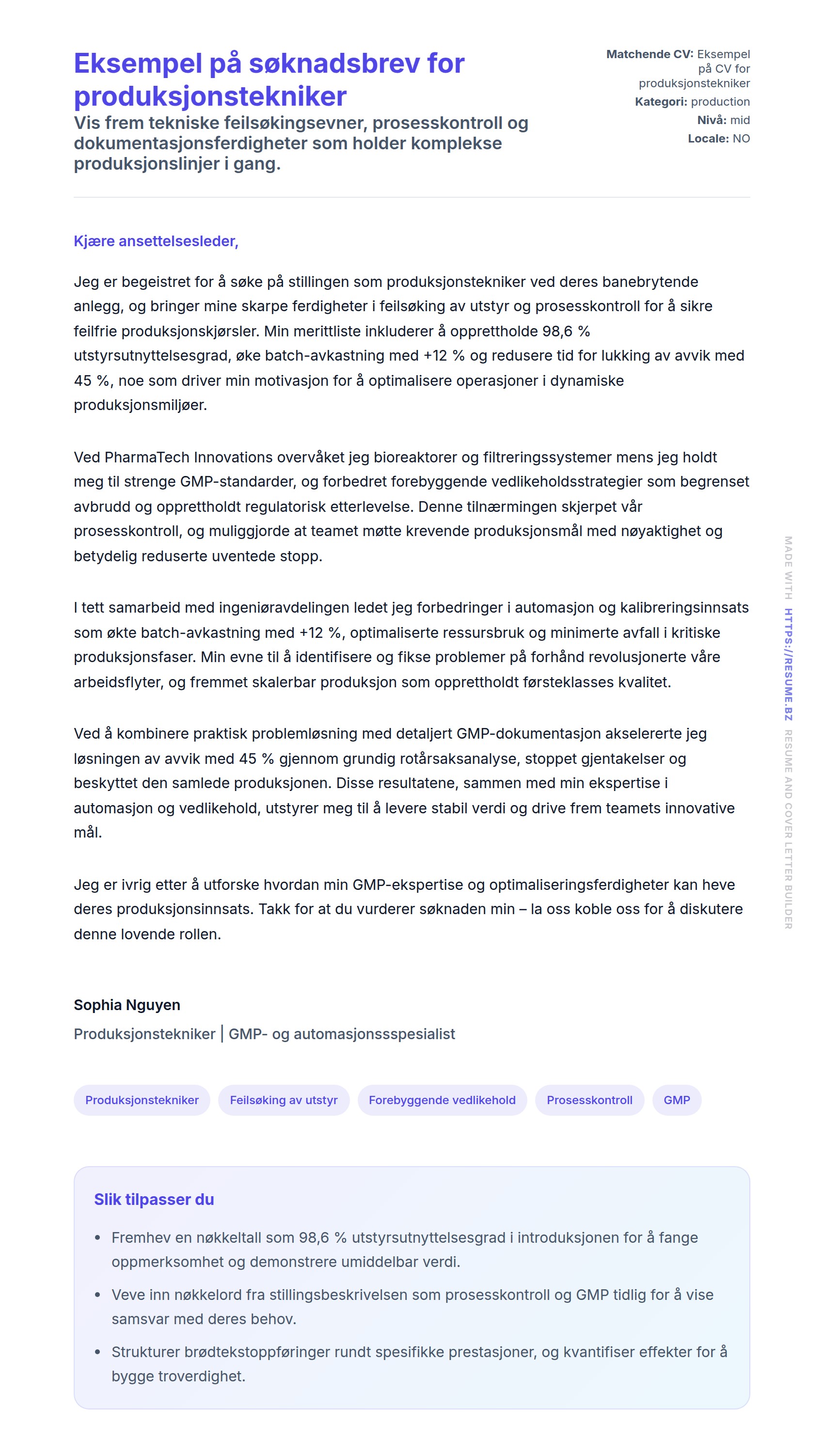 Forhåndsvisning av søknadsbrev for Eksempel på søknadsbrev for produksjonstekniker