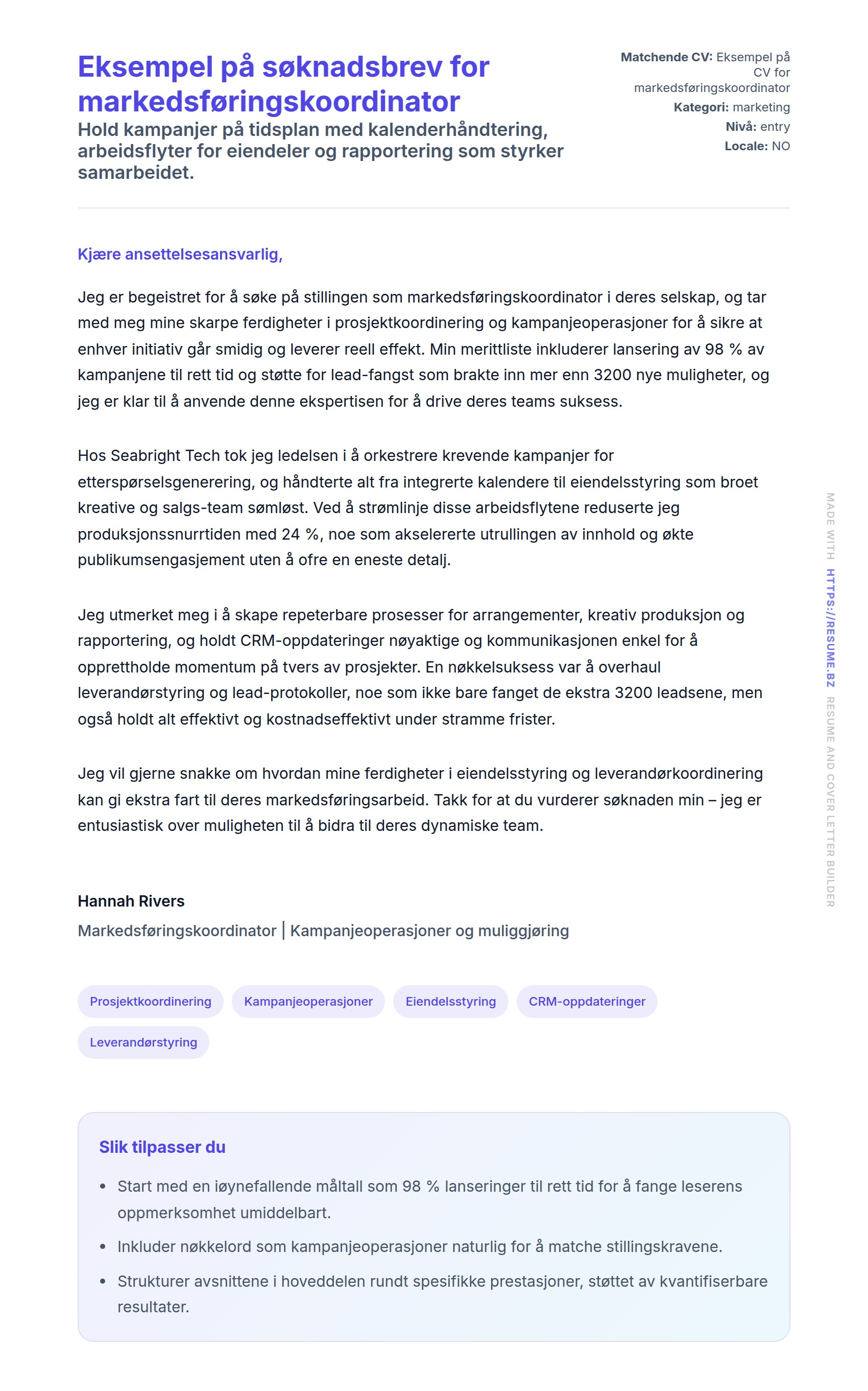 Forhåndsvisning av søknadsbrev for Eksempel på søknadsbrev for markedsføringskoordinator
