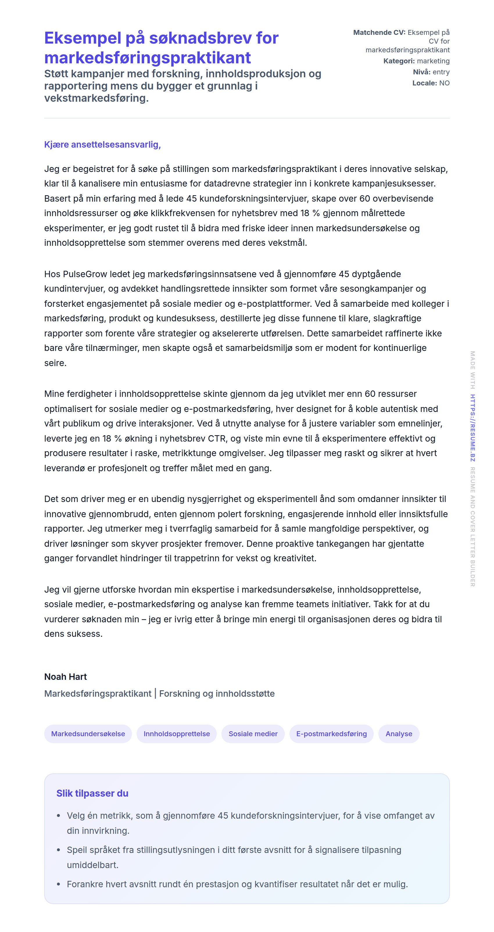 Forhåndsvisning av søknadsbrev for Eksempel på søknadsbrev for markedsføringspraktikant