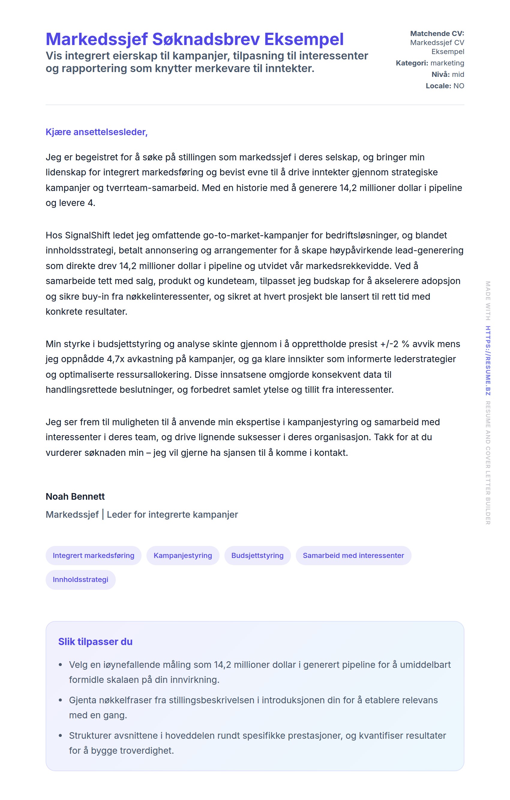 Forhåndsvisning av søknadsbrev for Markedssjef Søknadsbrev Eksempel