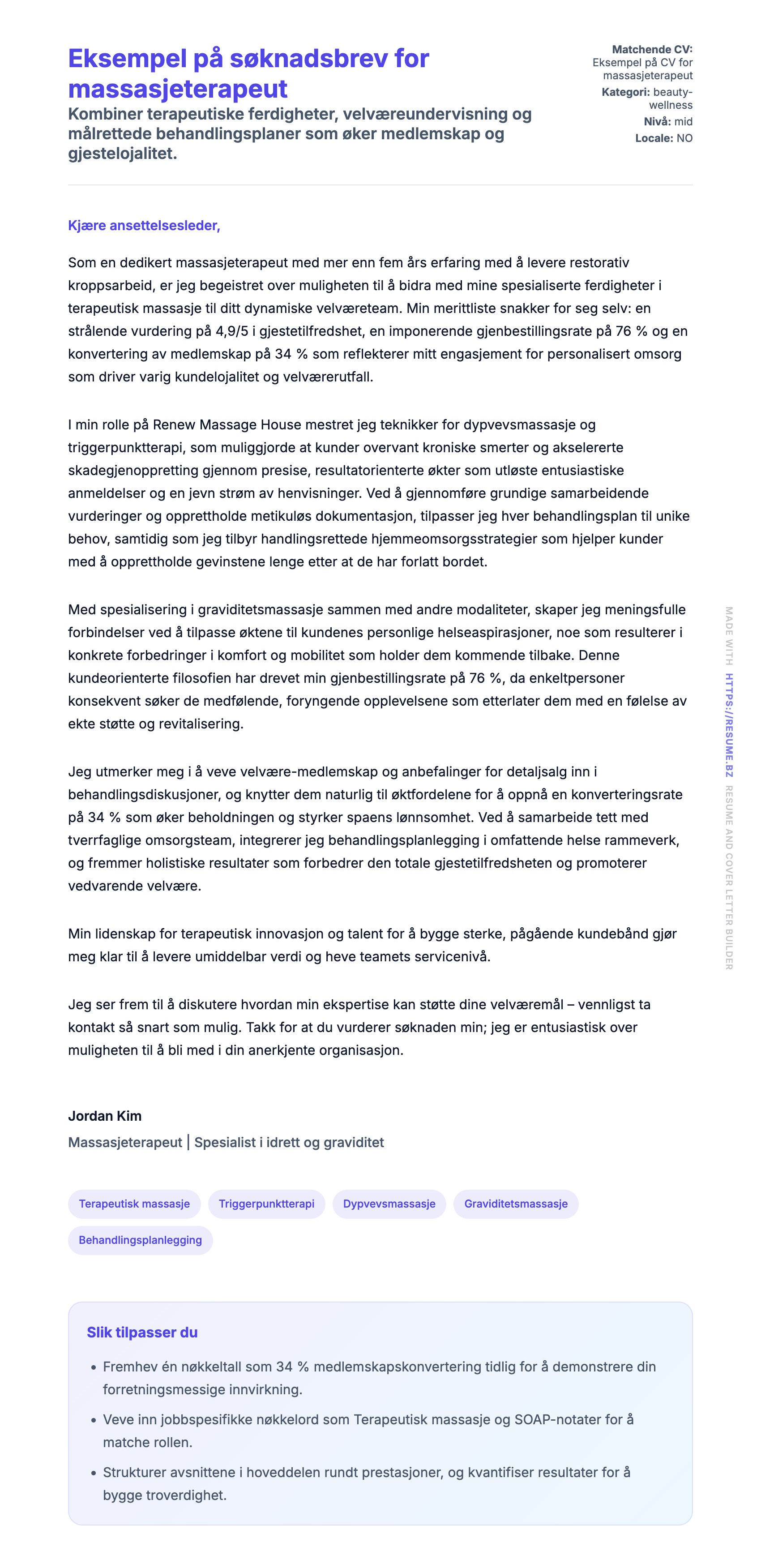Forhåndsvisning av søknadsbrev for Eksempel på søknadsbrev for massasjeterapeut
