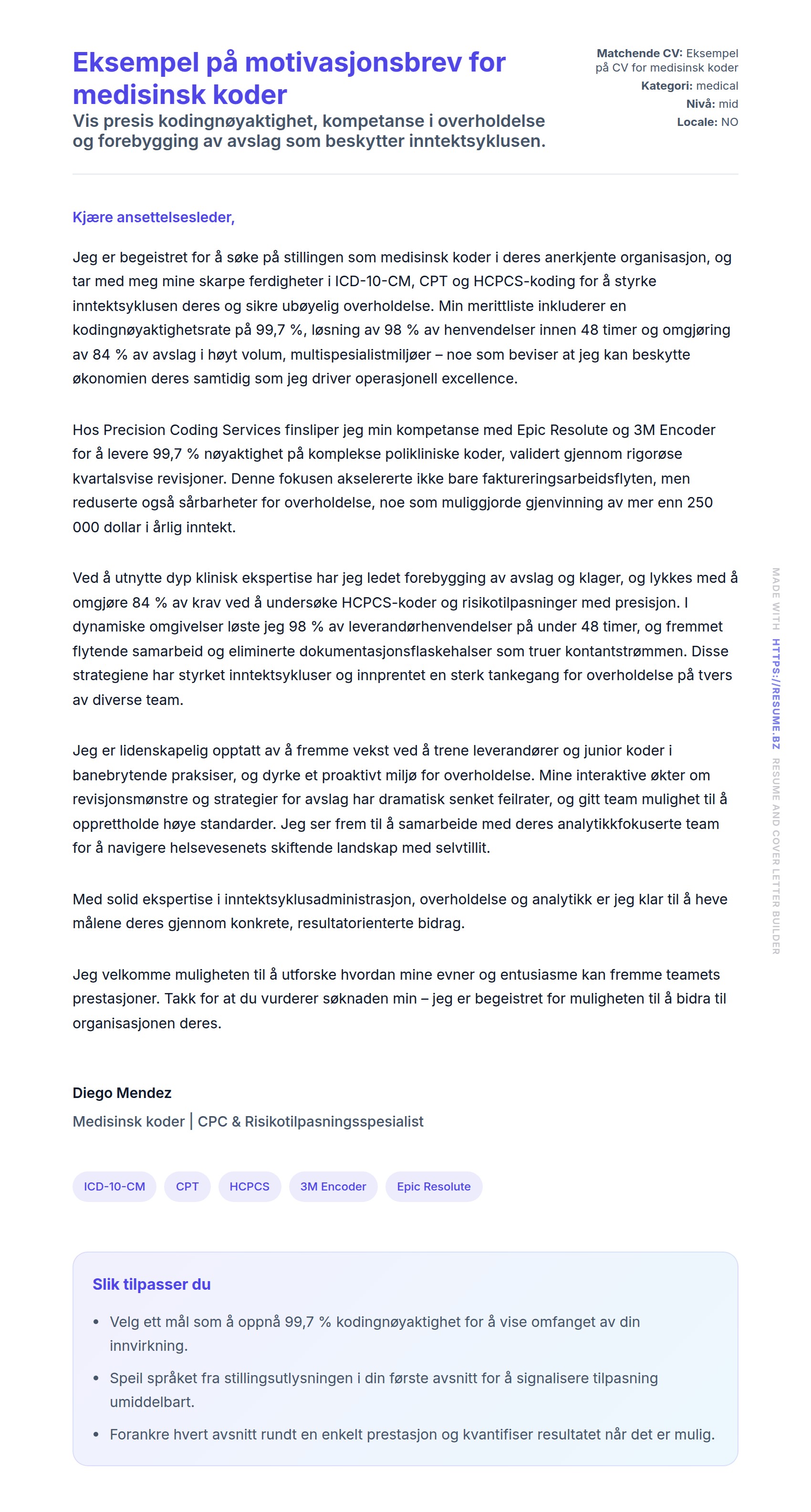 Forhåndsvisning av søknadsbrev for Eksempel på motivasjonsbrev for medisinsk koder