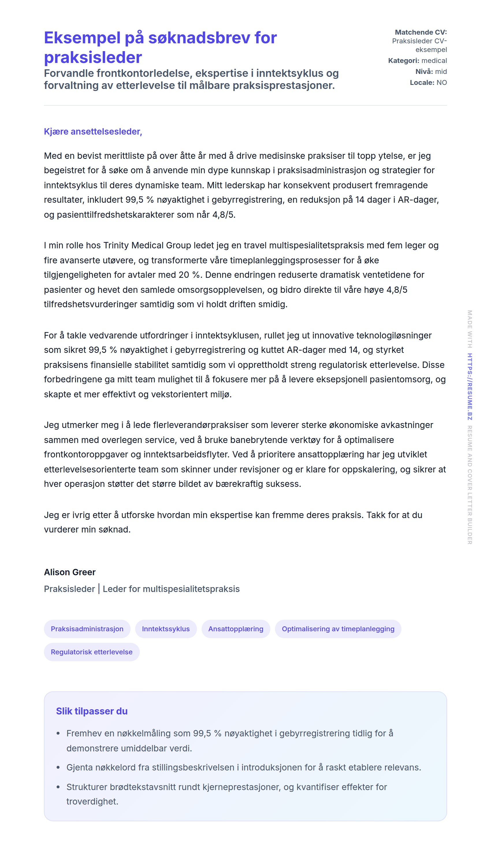 Forhåndsvisning av søknadsbrev for Eksempel på søknadsbrev for praksisleder
