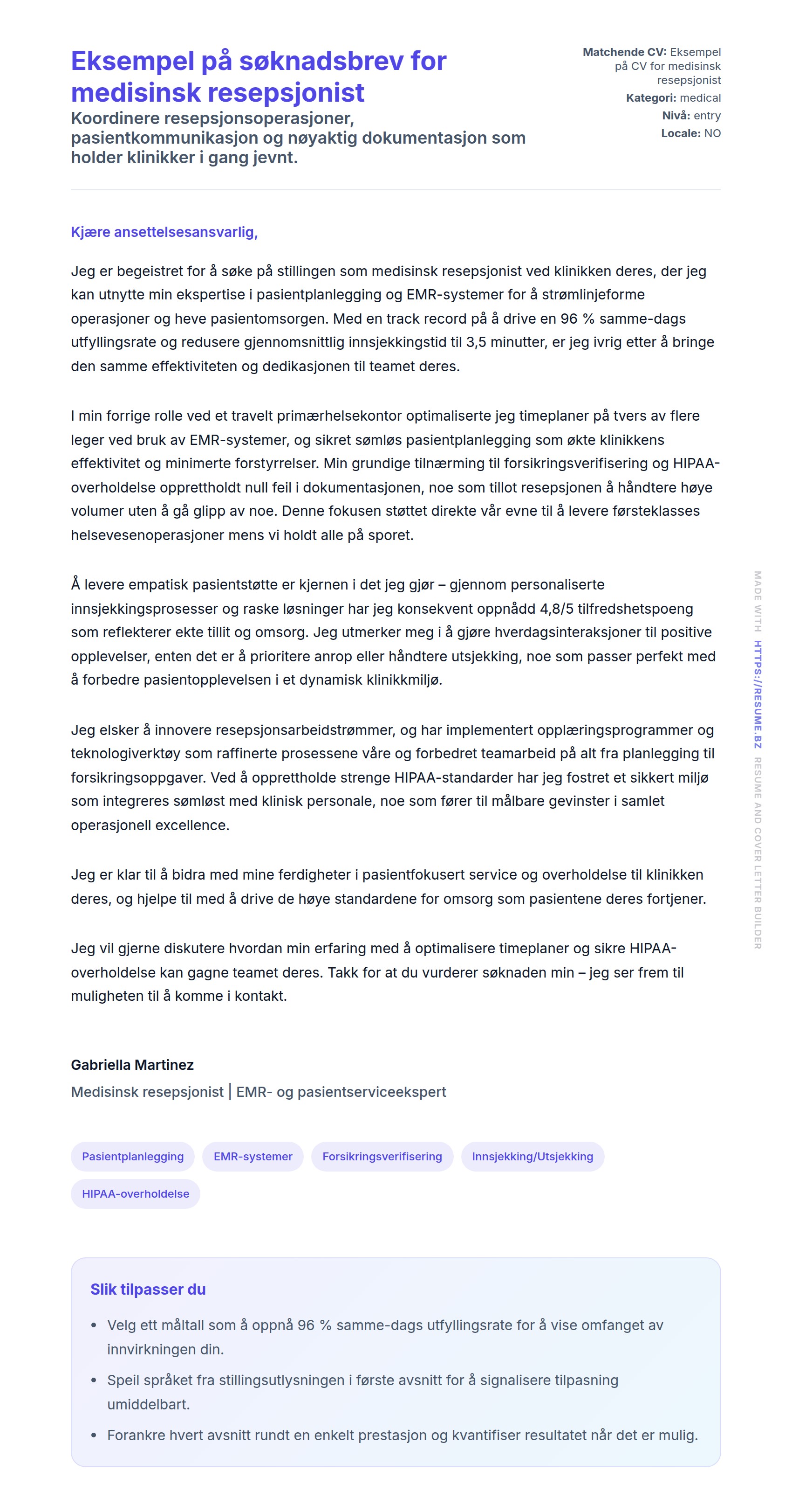 Forhåndsvisning av søknadsbrev for Eksempel på søknadsbrev for medisinsk resepsjonist