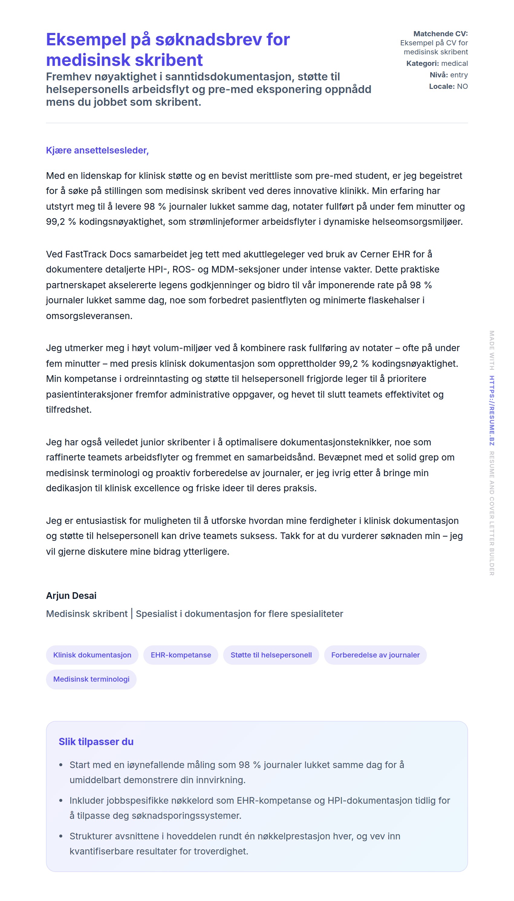 Forhåndsvisning av søknadsbrev for Eksempel på søknadsbrev for medisinsk skribent