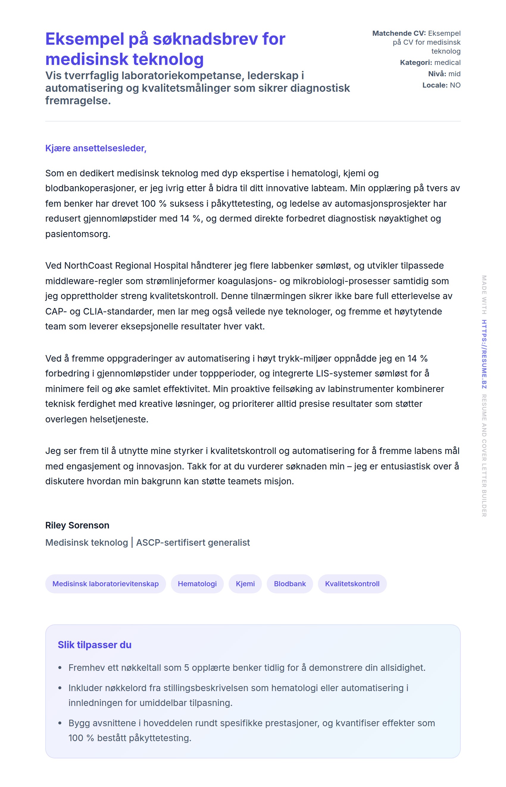 Forhåndsvisning av søknadsbrev for Eksempel på søknadsbrev for medisinsk teknolog