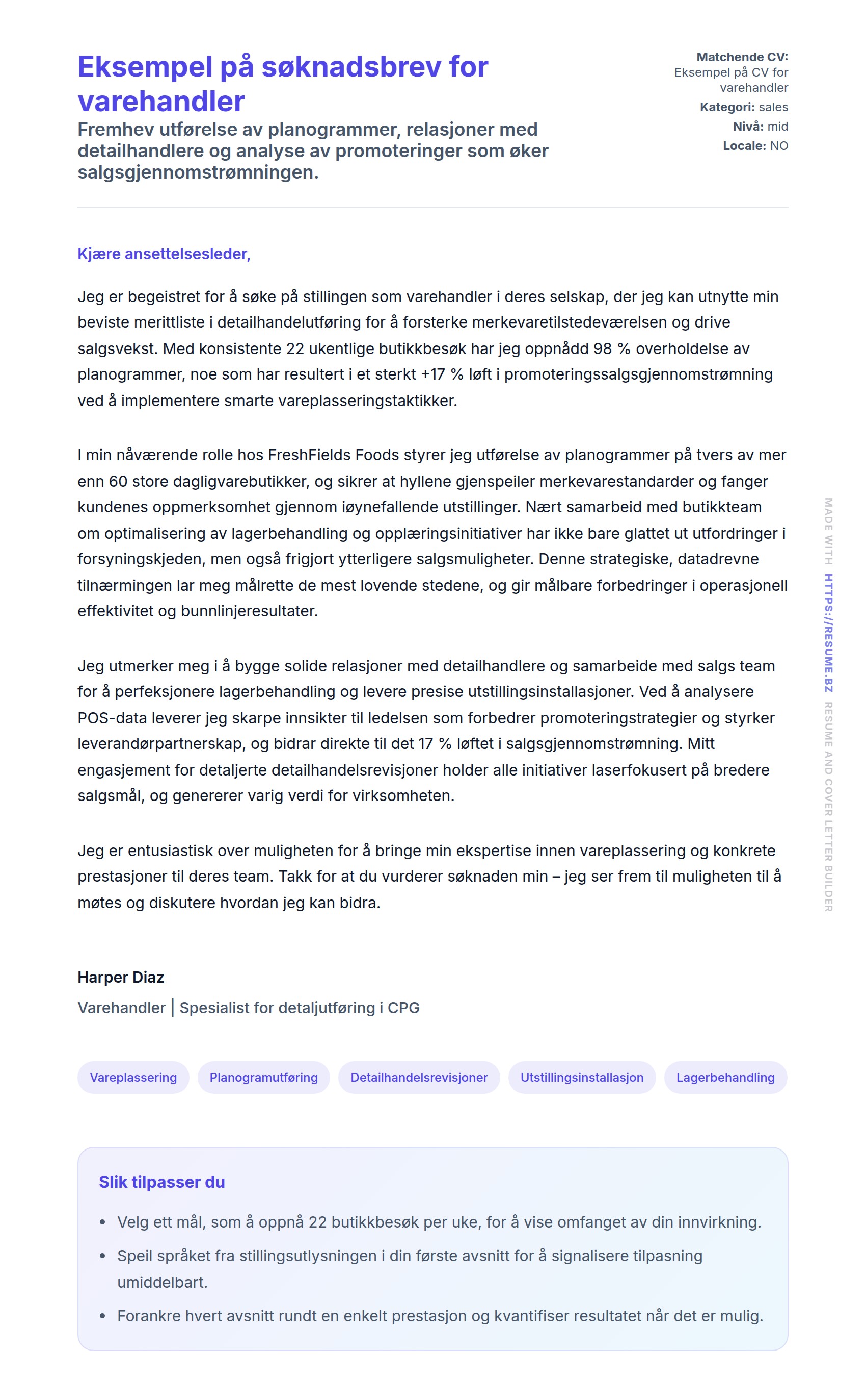 Eksempel på søknadsbrev for varehandler