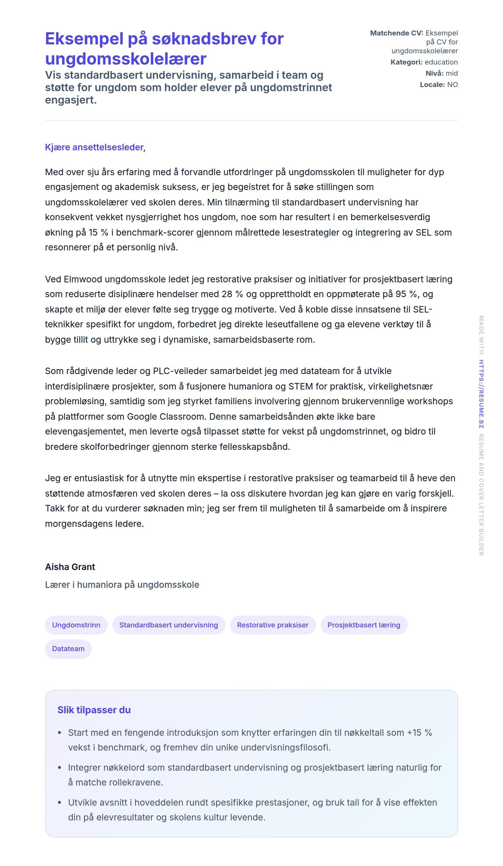 Forhåndsvisning av søknadsbrev for Eksempel på søknadsbrev for ungdomsskolelærer
