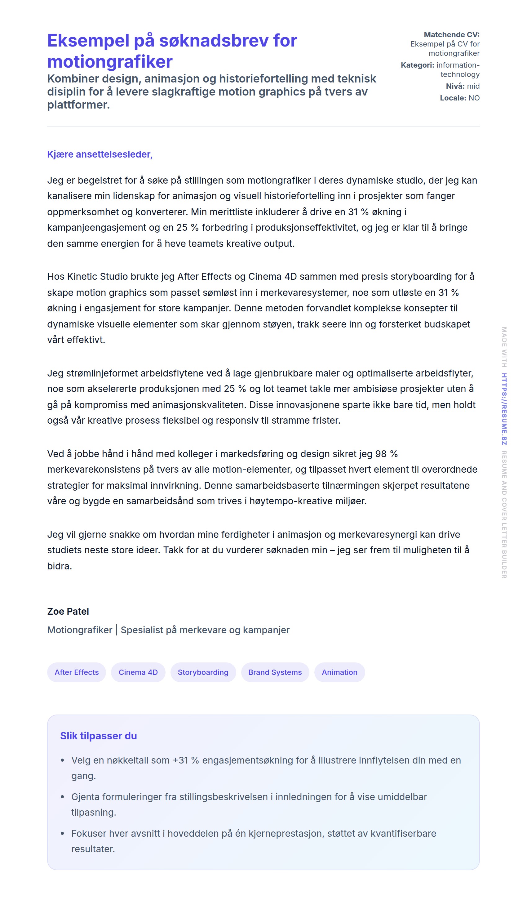 Forhåndsvisning av søknadsbrev for Eksempel på søknadsbrev for motiongrafiker