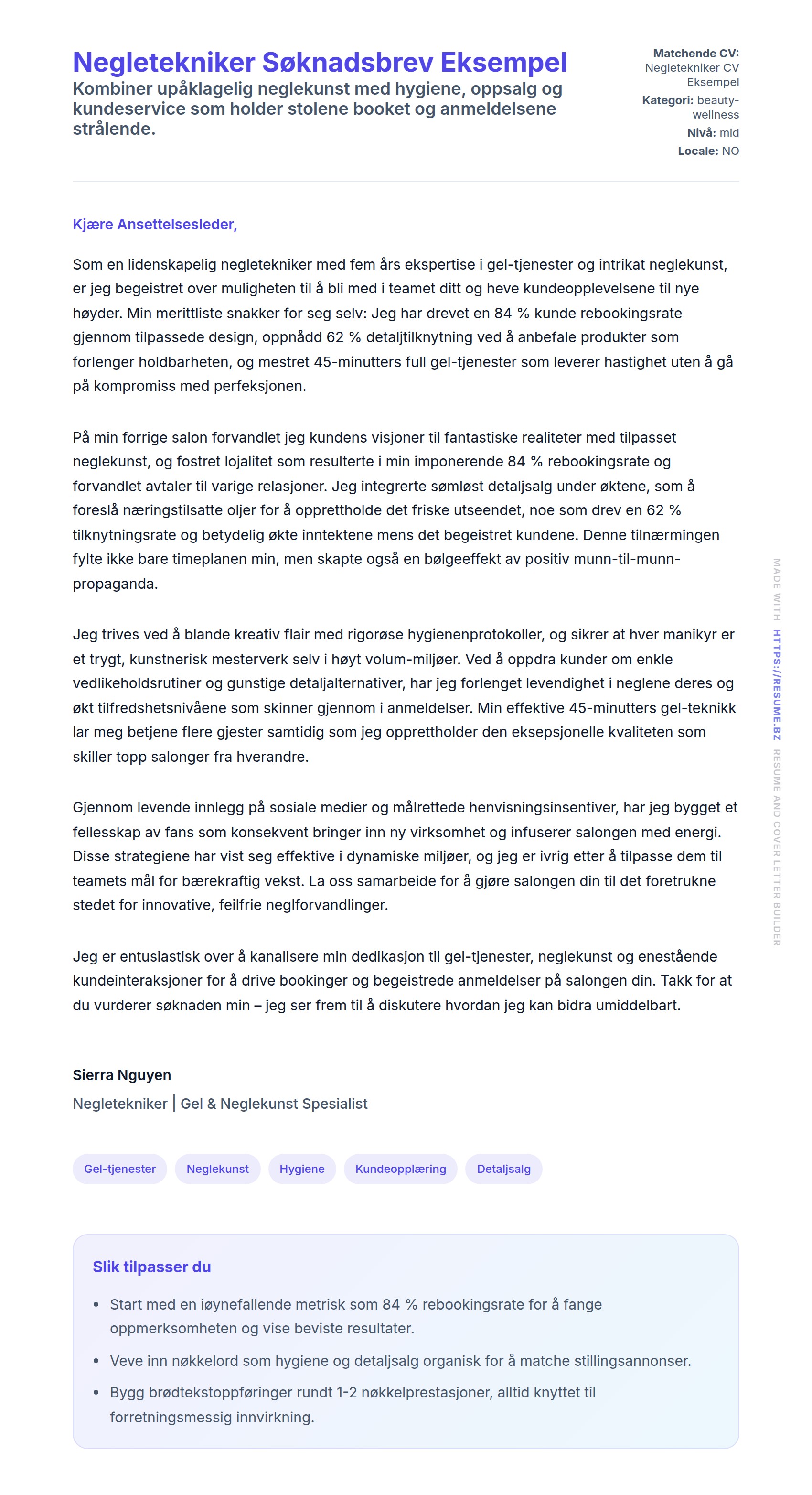 Forhåndsvisning av søknadsbrev for Negletekniker Søknadsbrev Eksempel