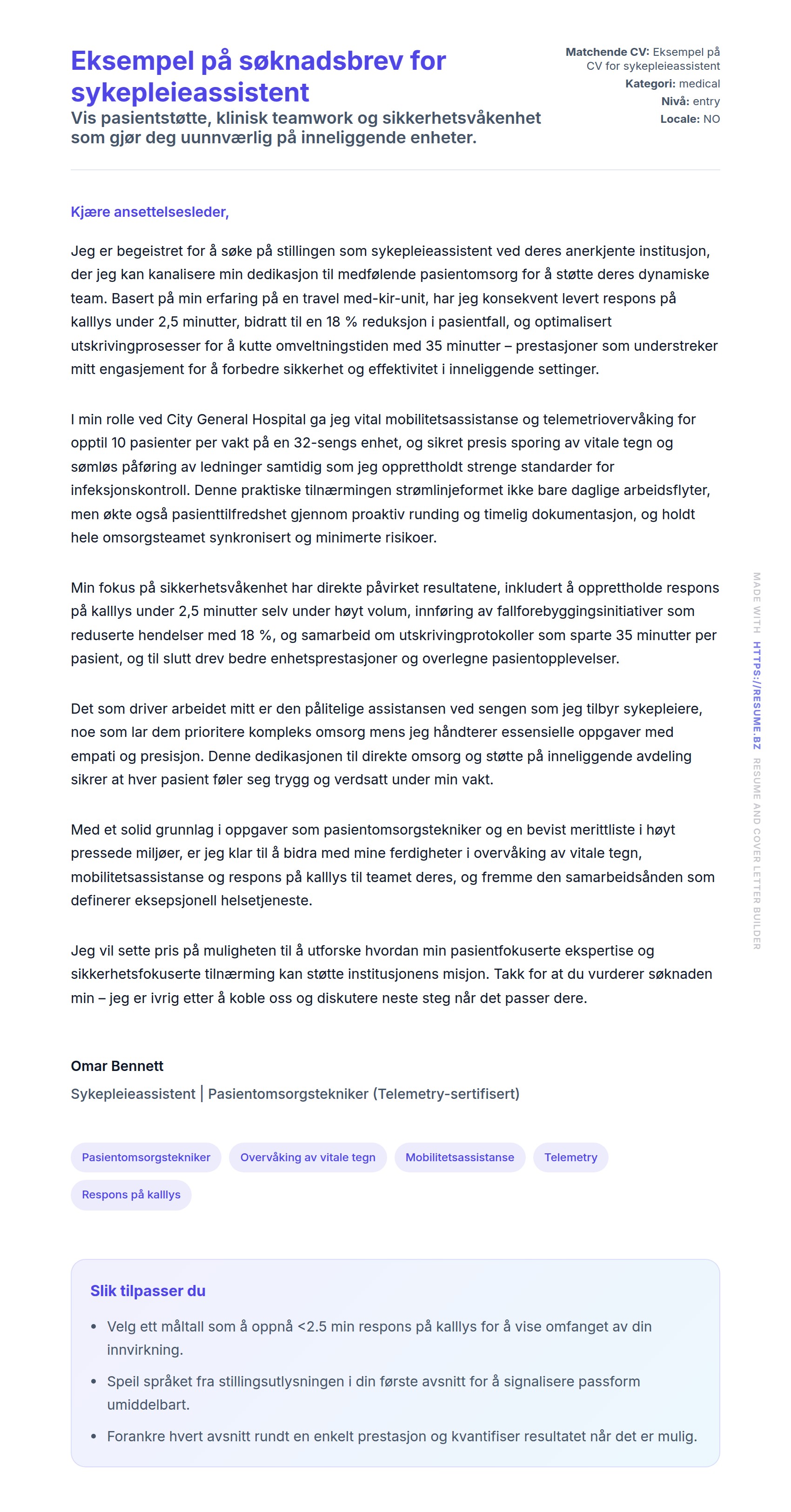 Forhåndsvisning av søknadsbrev for Eksempel på søknadsbrev for sykepleieassistent