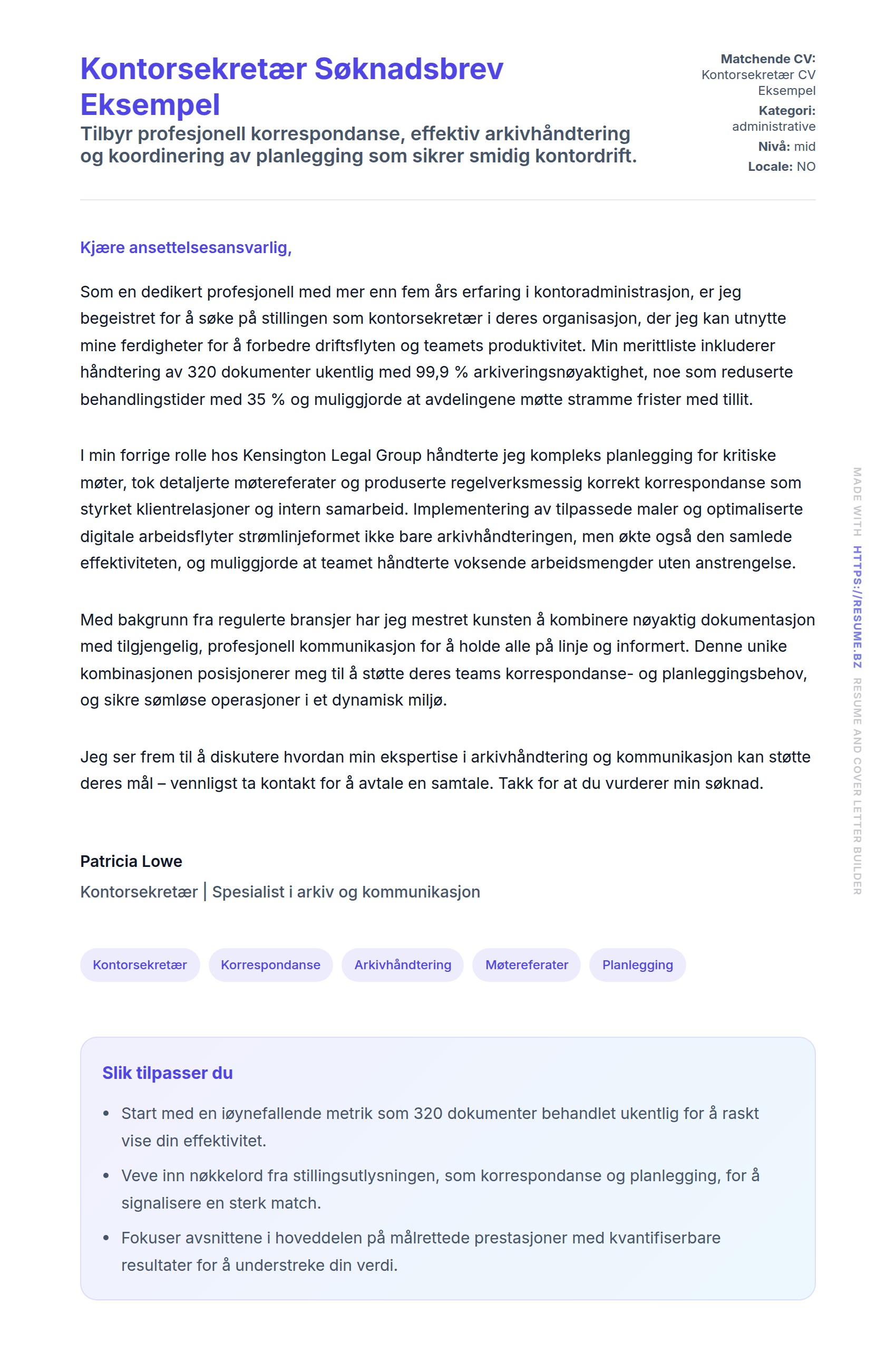 Forhåndsvisning av søknadsbrev for Kontorsekretær Søknadsbrev Eksempel