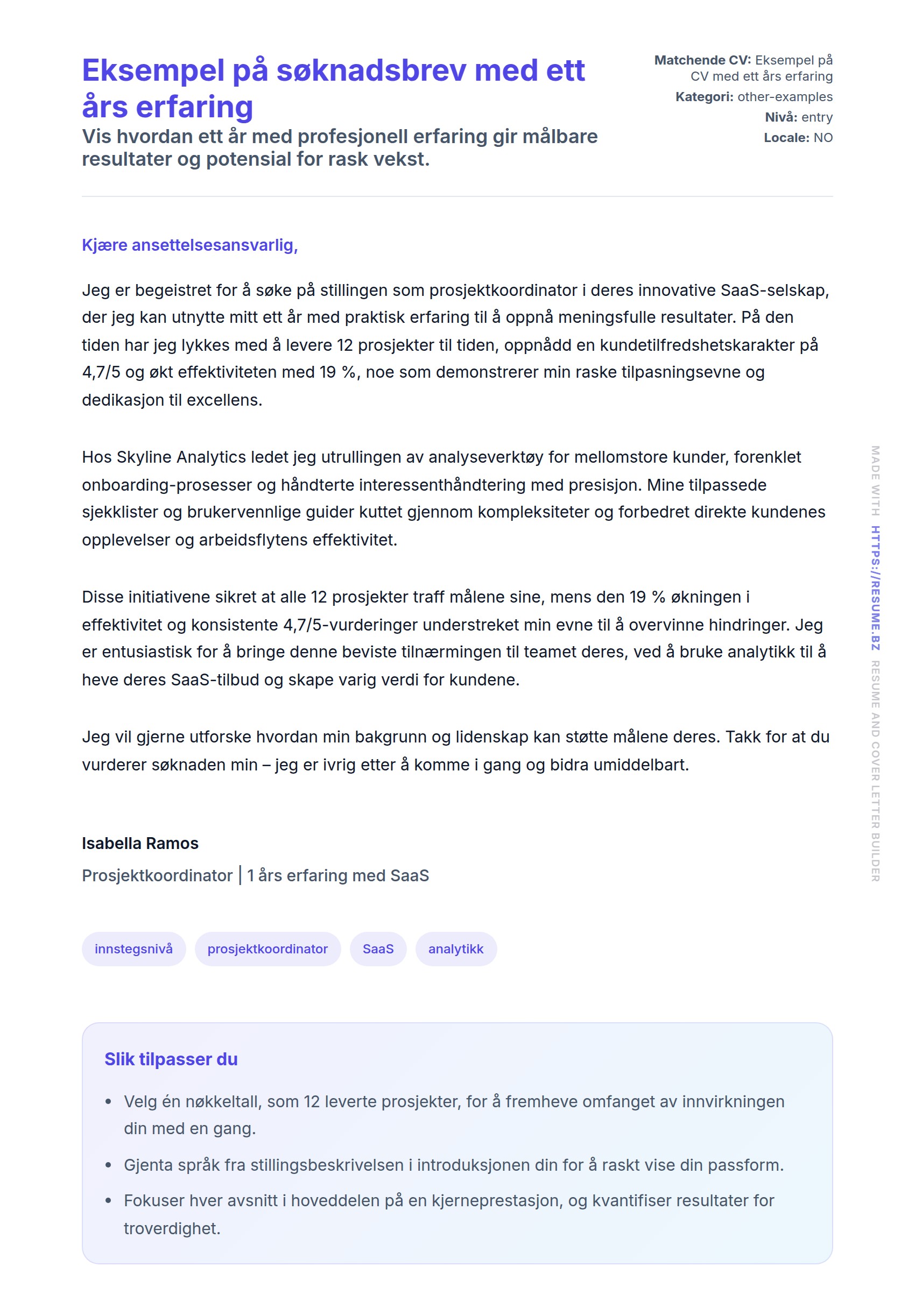 Forhåndsvisning av søknadsbrev for Eksempel på søknadsbrev med ett års erfaring