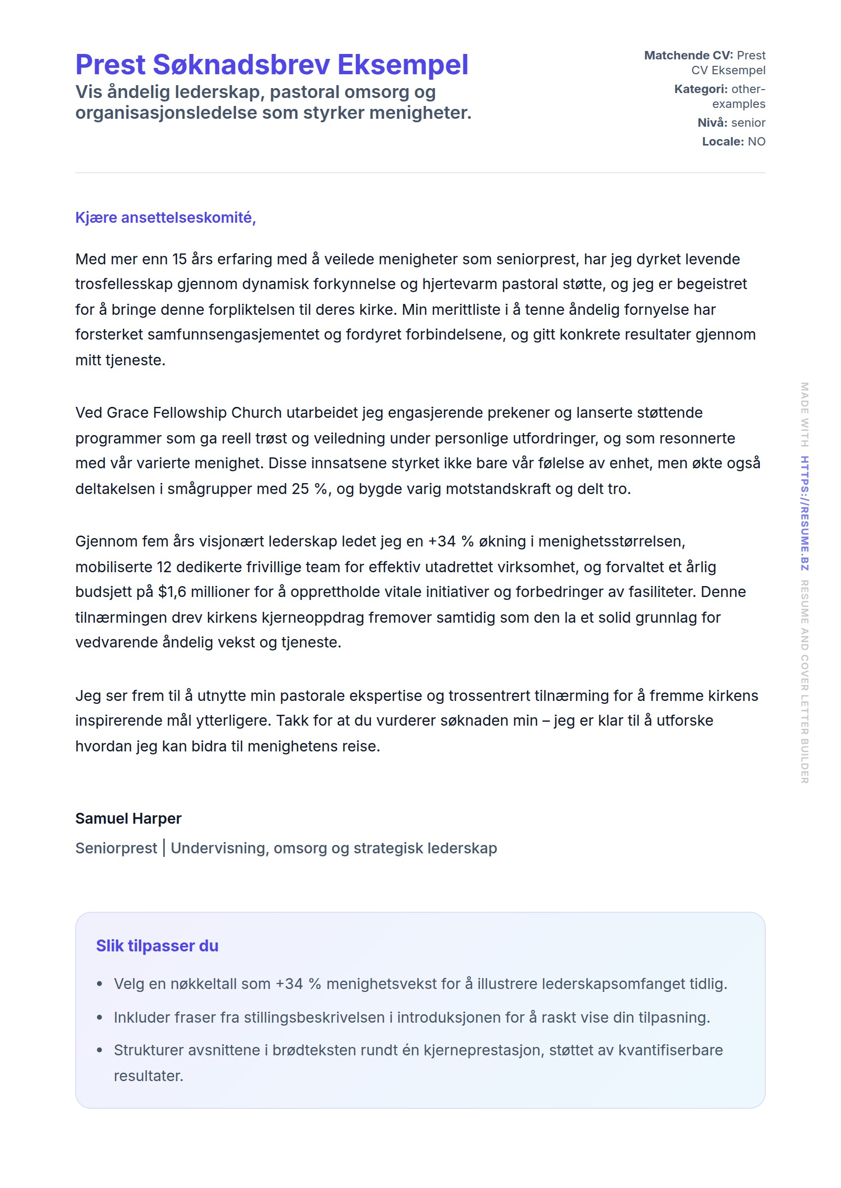 Prest Søknadsbrev Eksempel