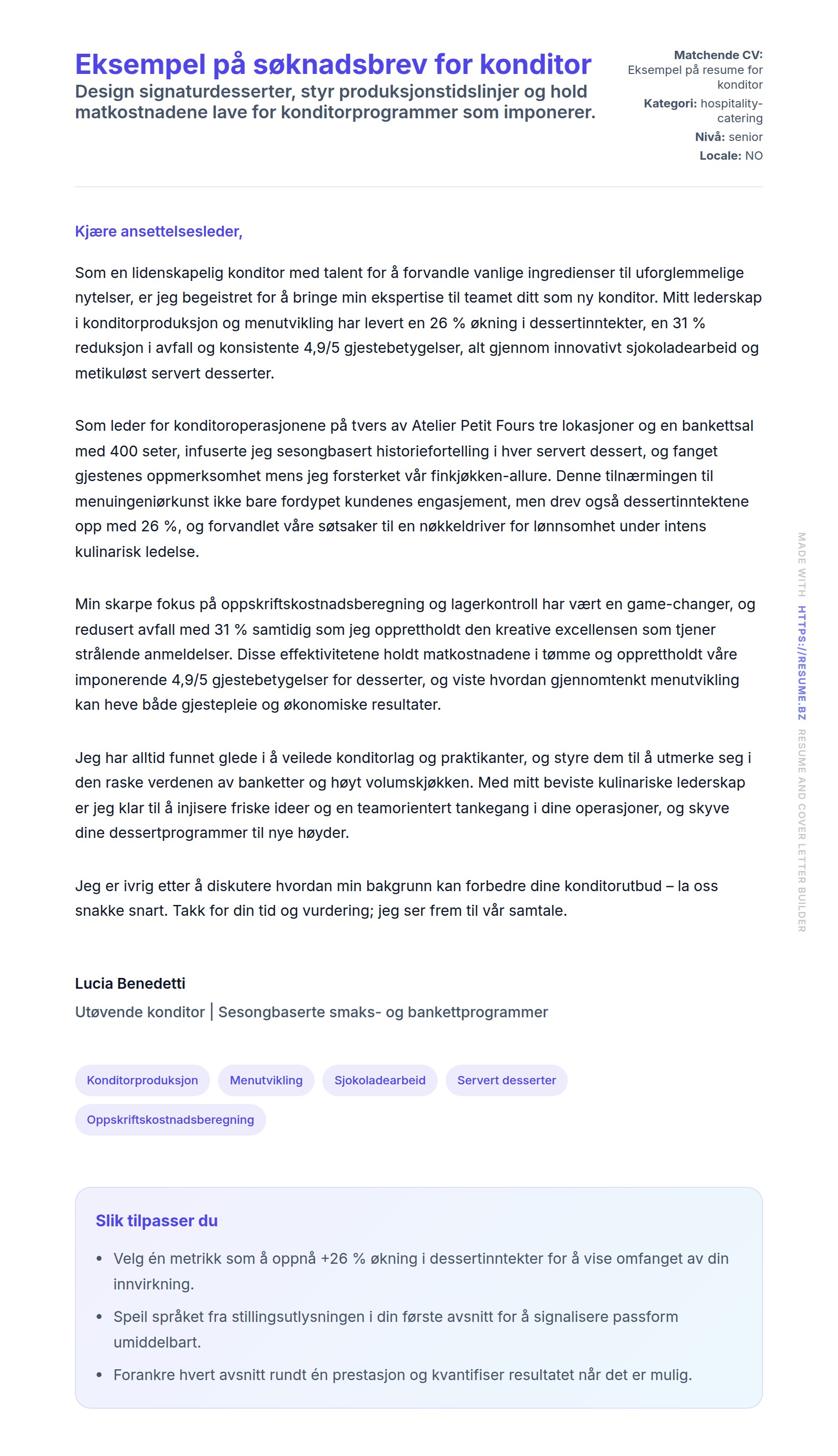 Forhåndsvisning av søknadsbrev for Eksempel på søknadsbrev for konditor