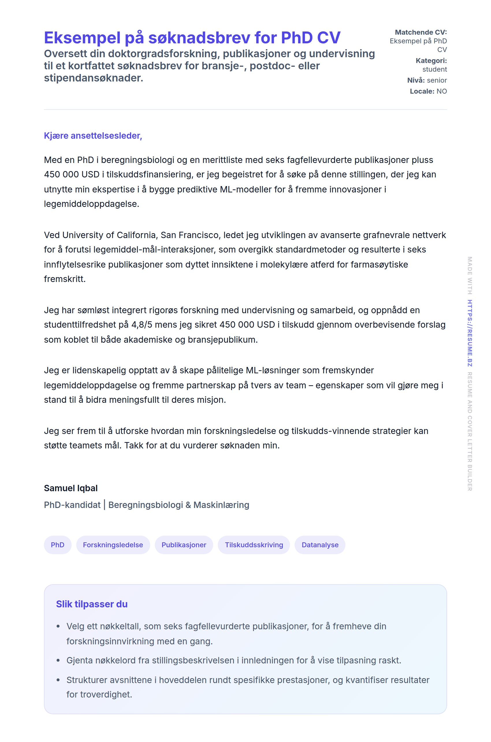 Forhåndsvisning av søknadsbrev for Eksempel på søknadsbrev for PhD CV